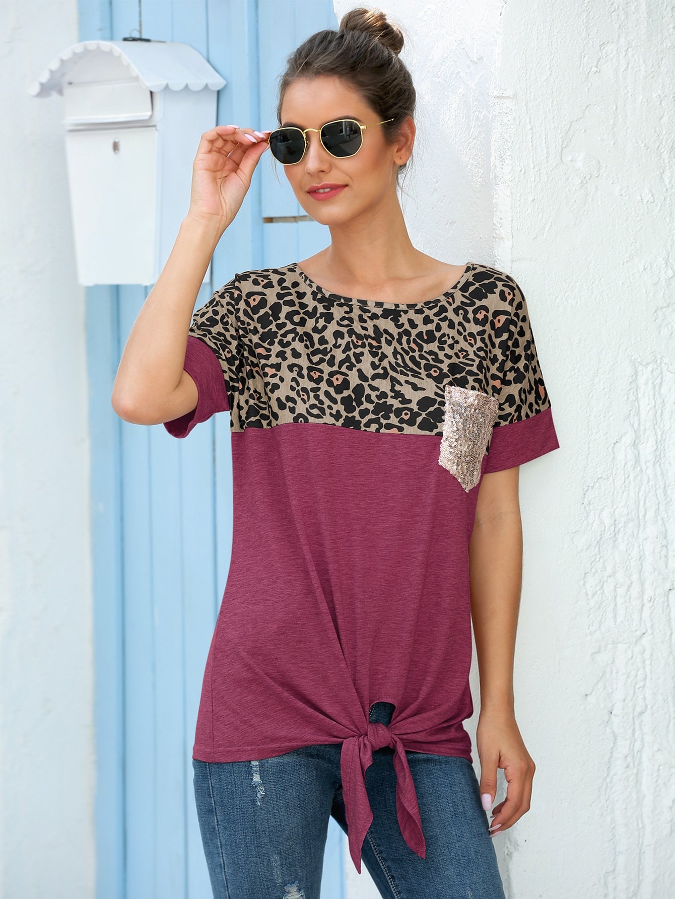 Graphic Colorblock Sequin Pocket Knot Tee