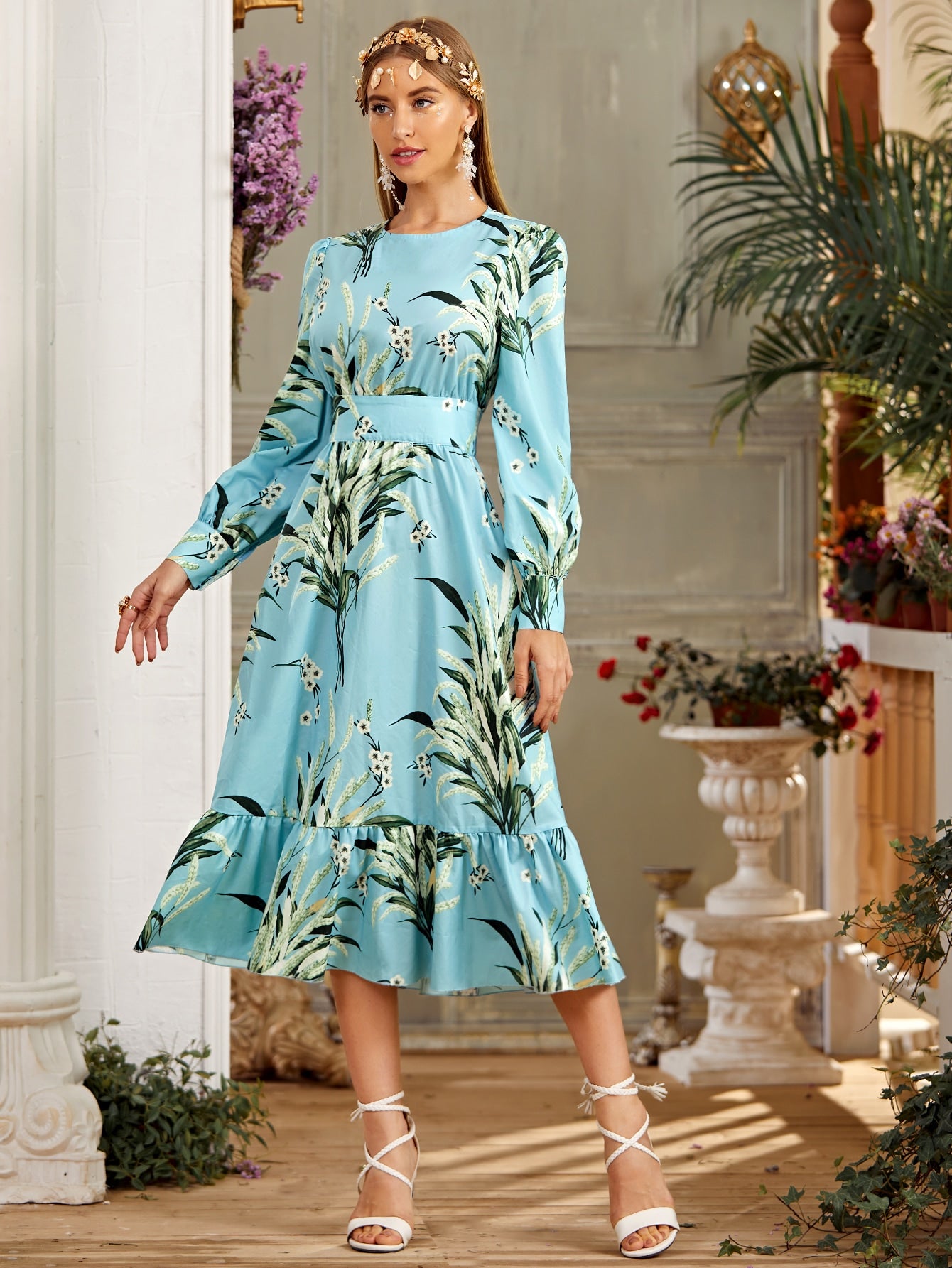 Lantern Sleeve Ruffle Hem Botanical Print Dress