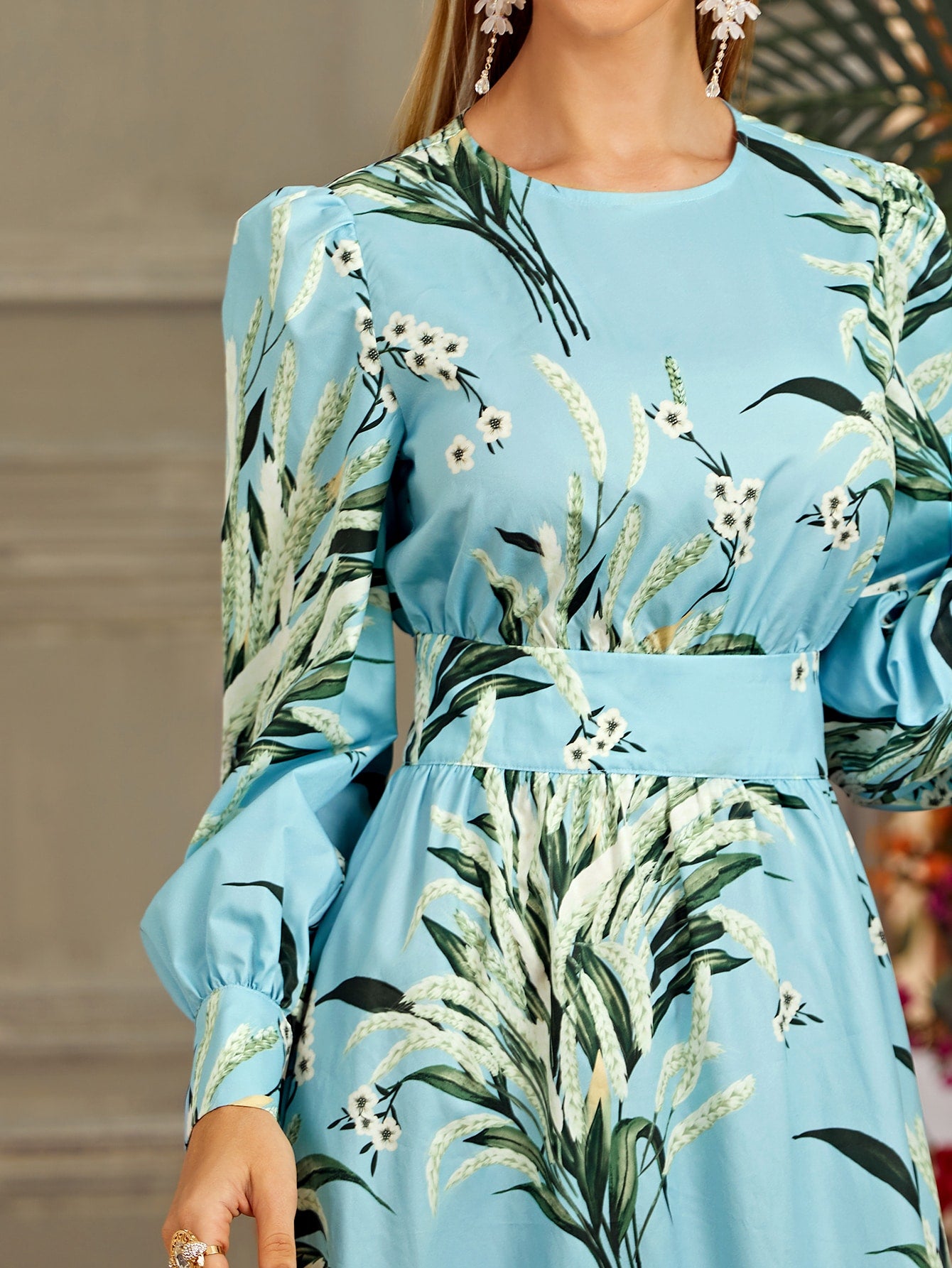 Lantern Sleeve Ruffle Hem Botanical Print Dress