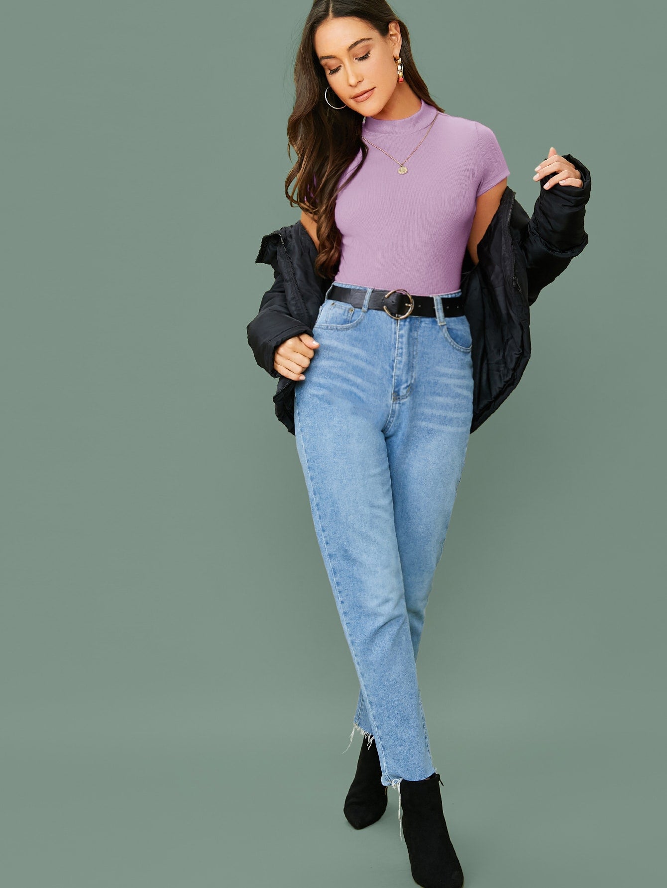 Mock-Neck Rib-knit Fitted Top