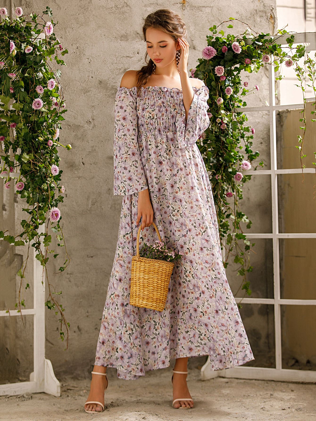 Allover Floral Frill Shirred Bardot Dress