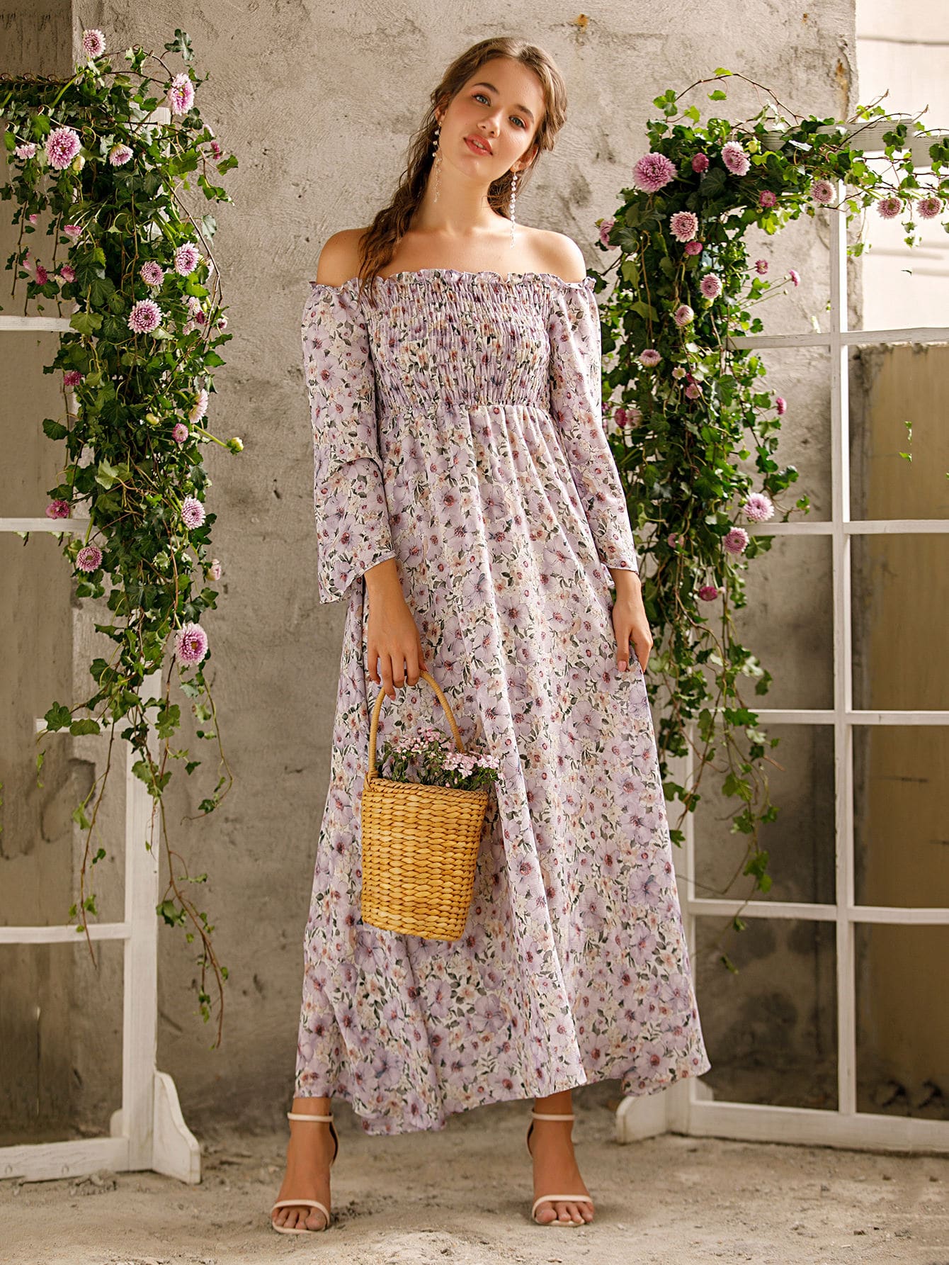 Allover Floral Frill Shirred Bardot Dress