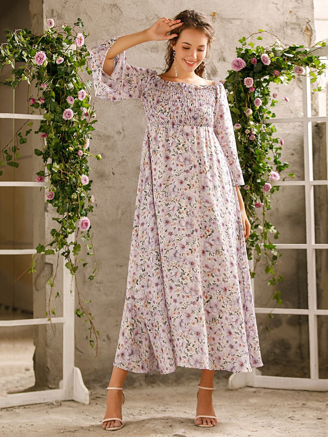 Allover Floral Frill Shirred Bardot Dress