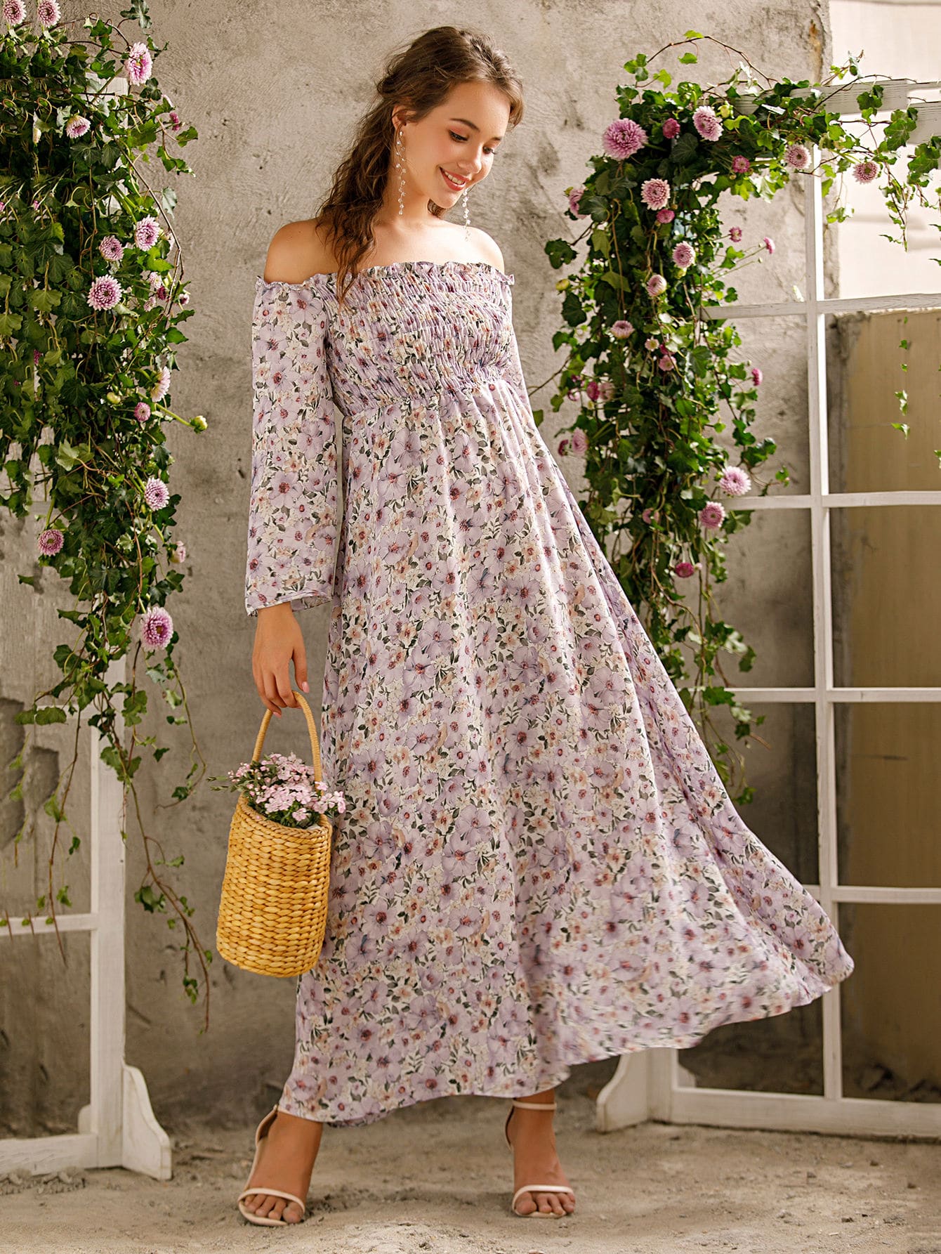 Allover Floral Frill Shirred Bardot Dress