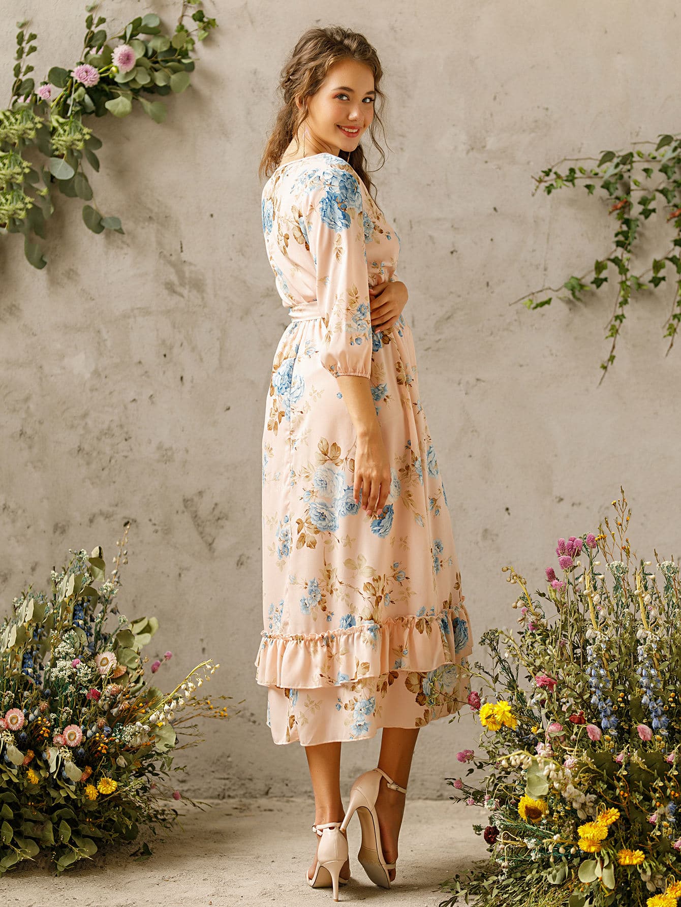 Floral Surplice Front Ruffle Hem Long Dress
