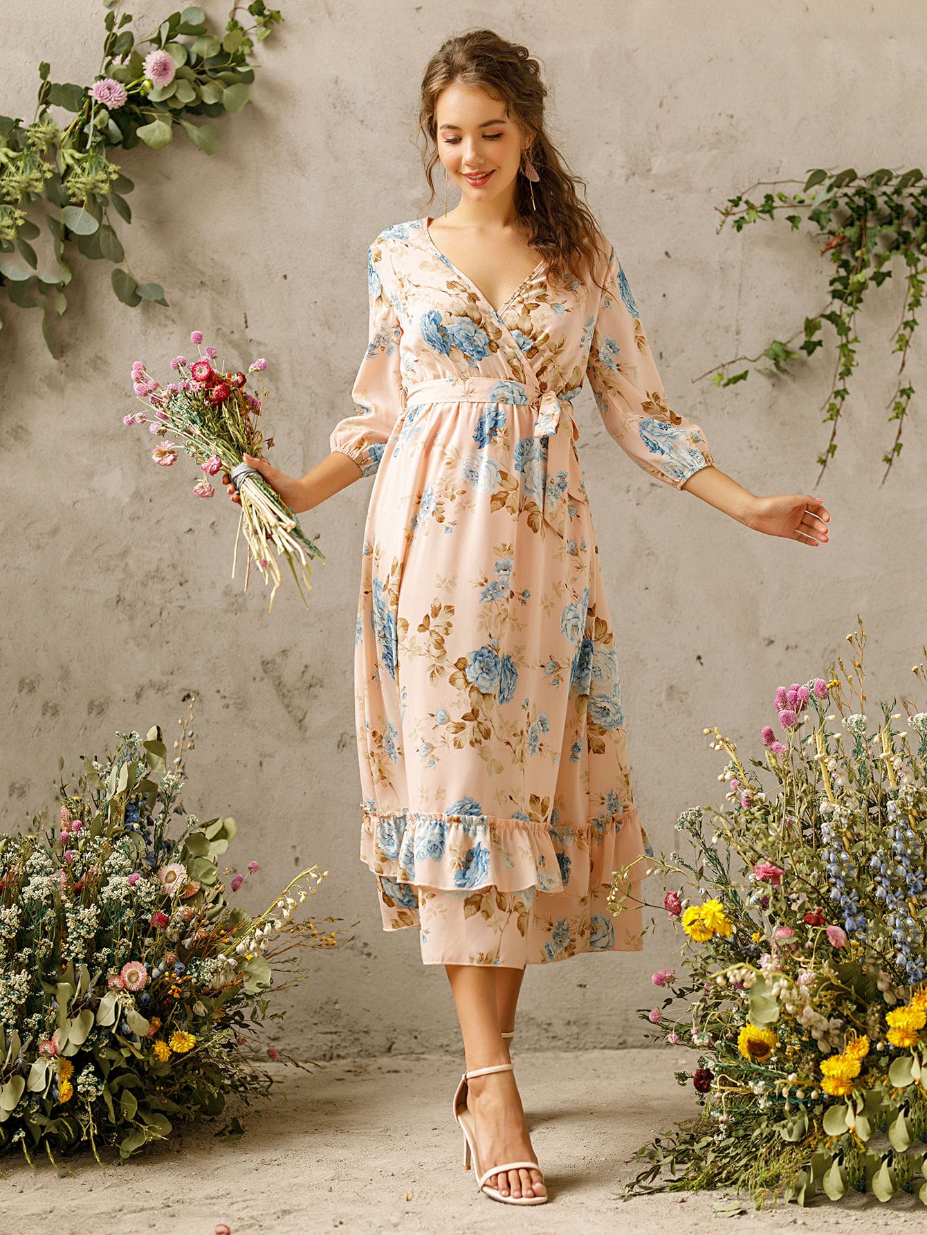 Floral Surplice Front Ruffle Hem Long Dress