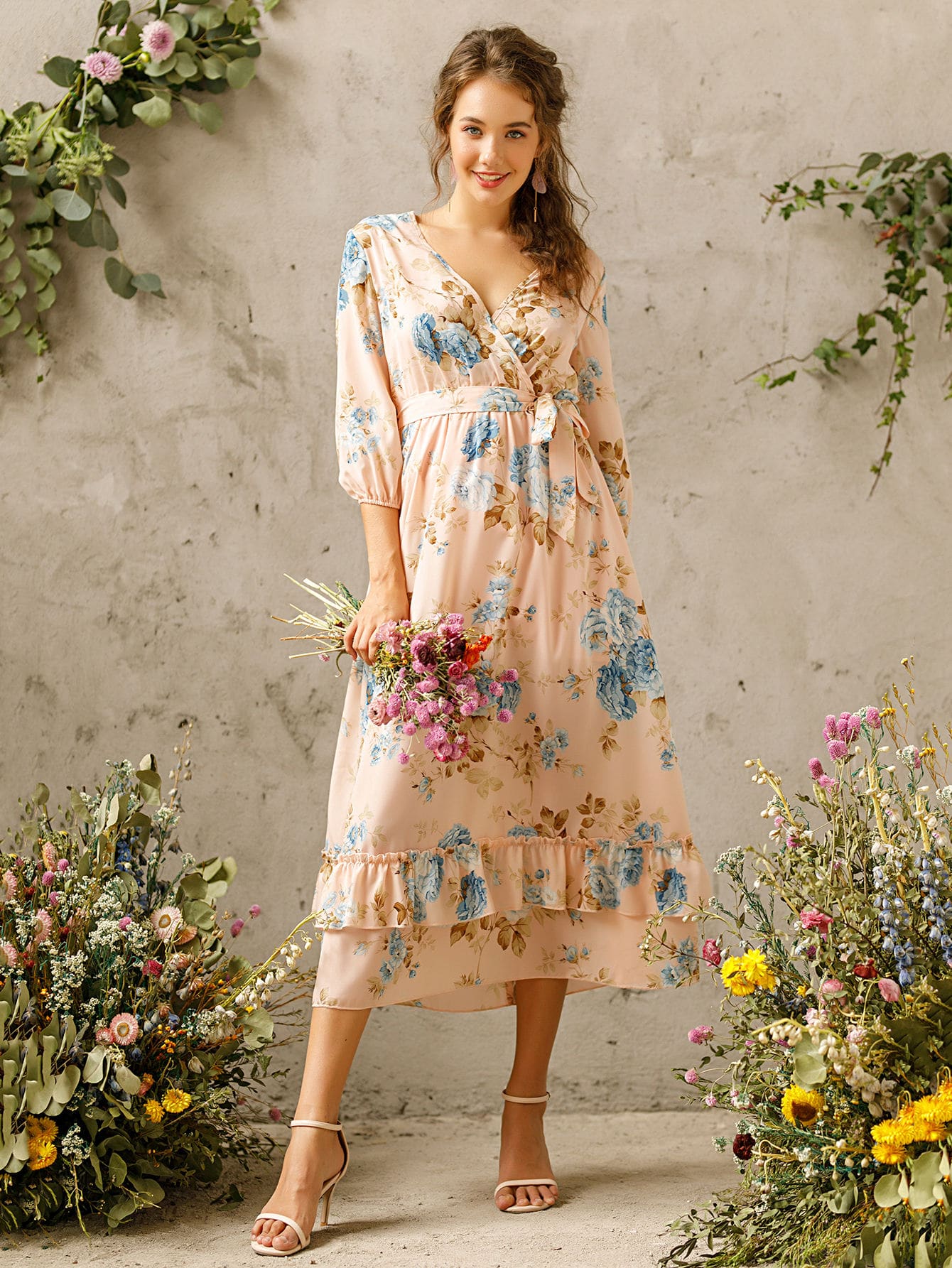 Floral Surplice Front Ruffle Hem Long Dress