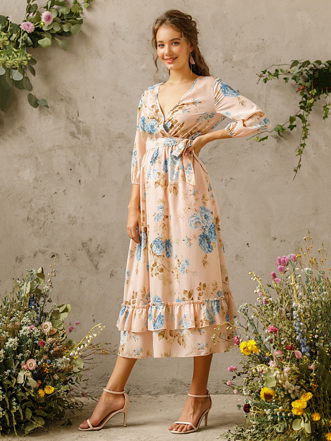 Floral Surplice Front Ruffle Hem Long Dress