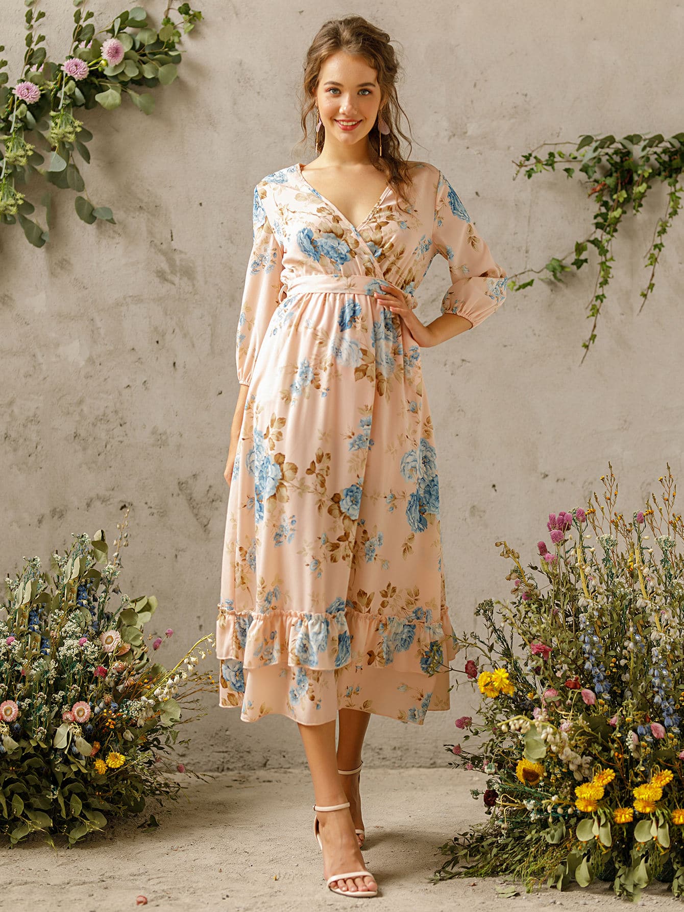 Floral Surplice Front Ruffle Hem Long Dress