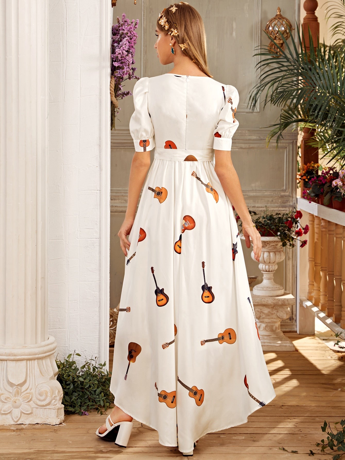 High Low Violin Print Belted Dress
