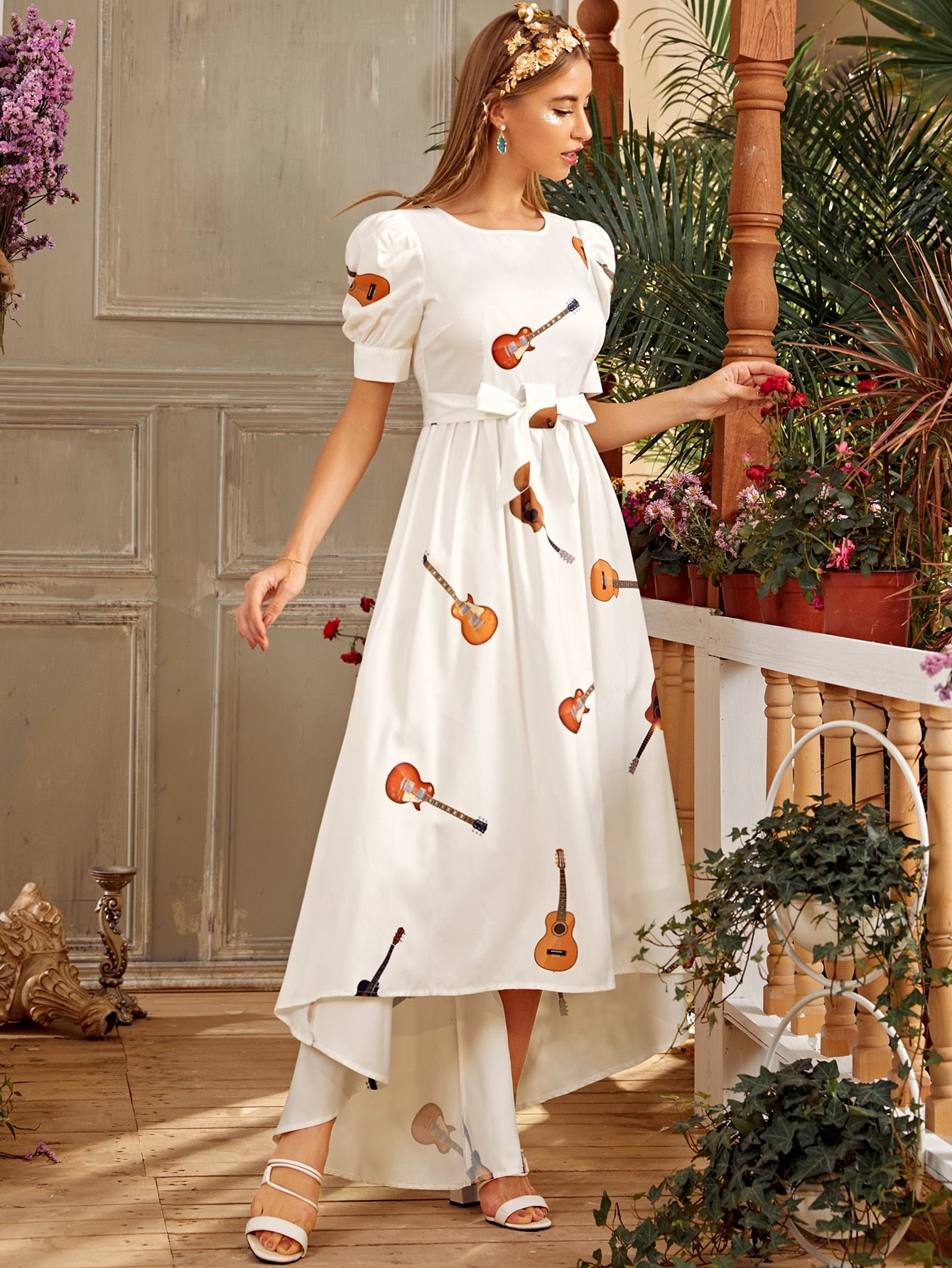 High Low Violin Print Belted Dress