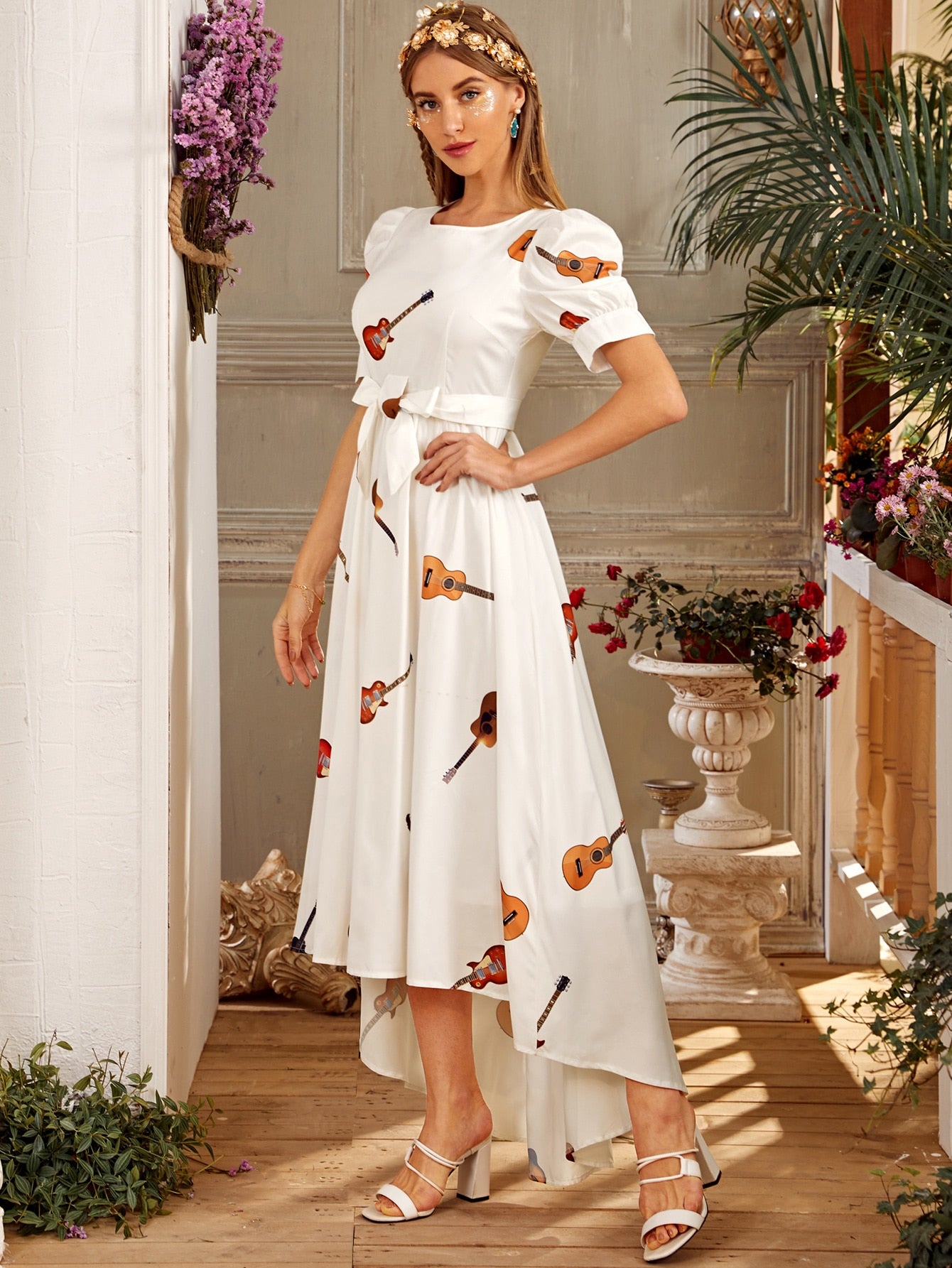 High Low Violin Print Belted Dress