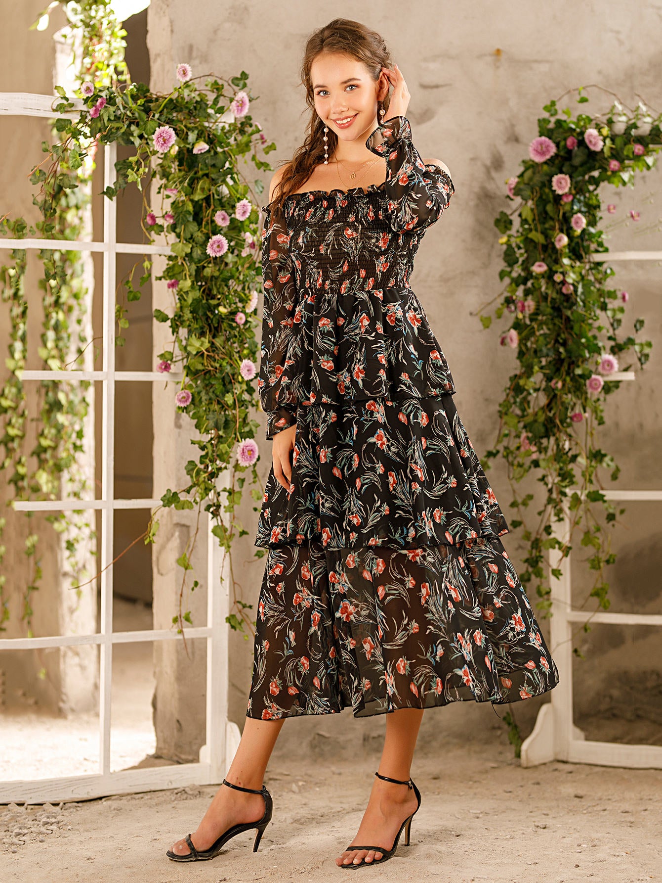 Floral Print Layered Hem Chiffon Bardot Dress