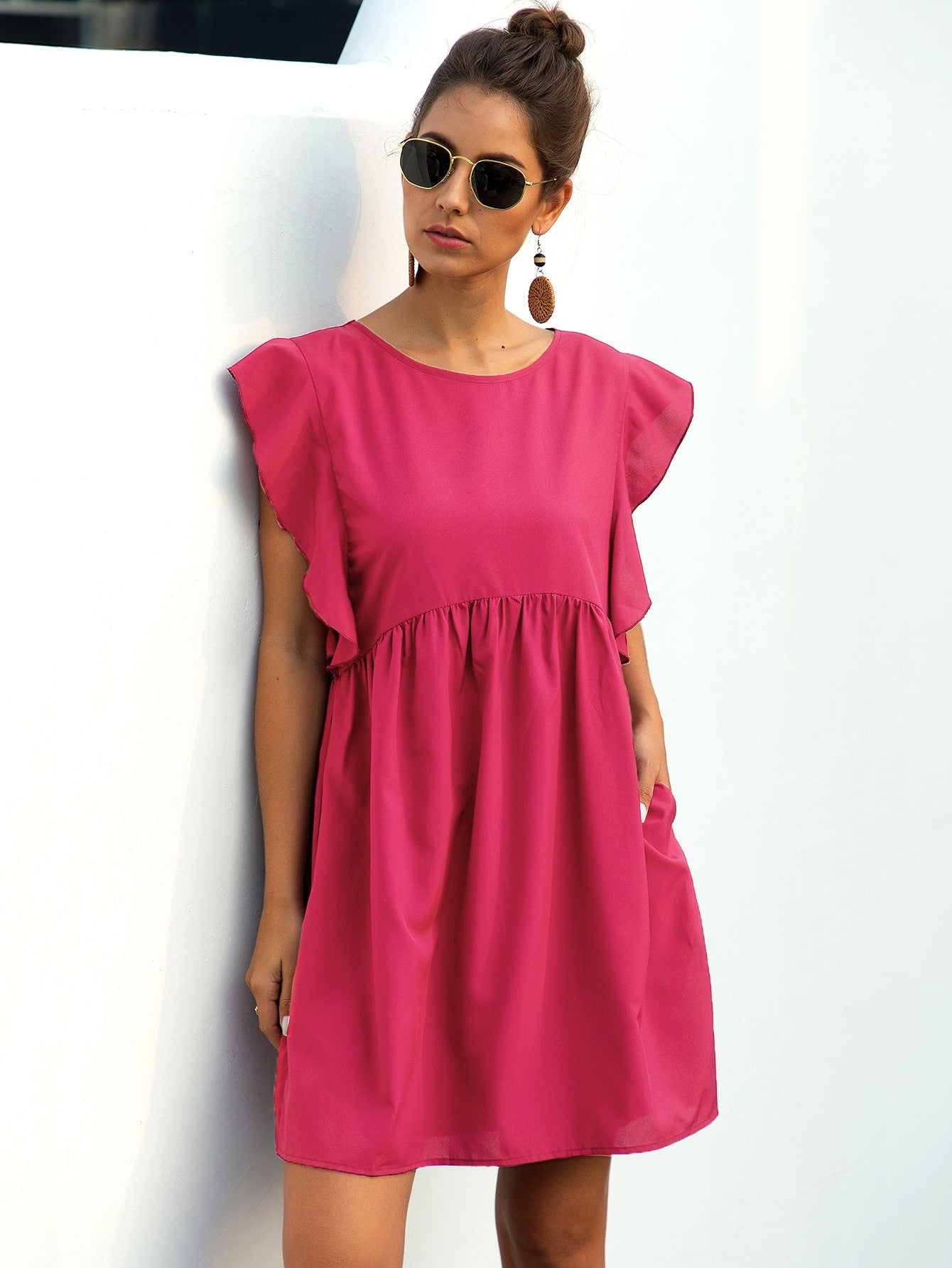 Ruffle Trim Pocket Smock Dress