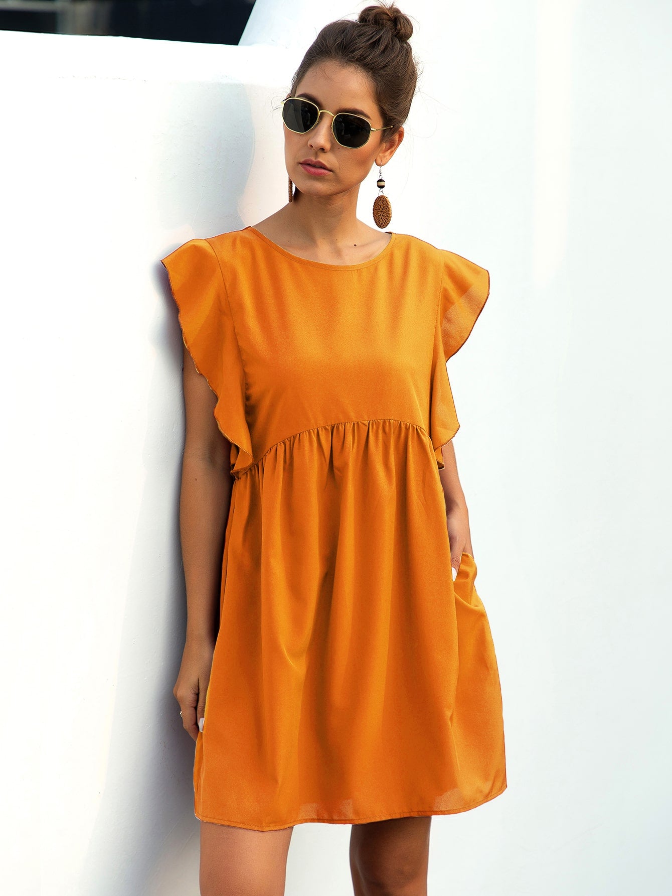 Ruffle Trim Pocket Smock Dress