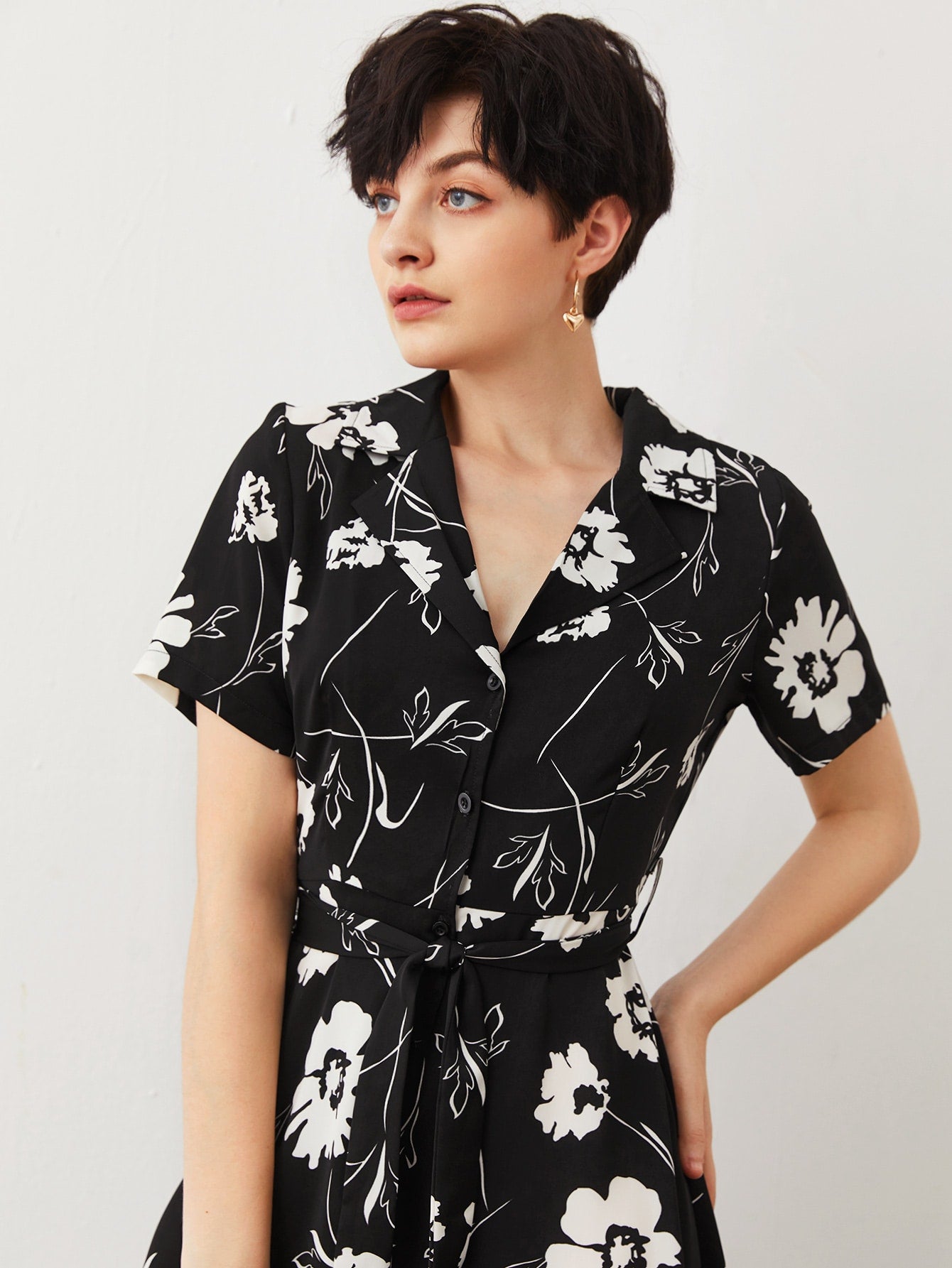 Lapel Neck Floral Belted Shirt Dress