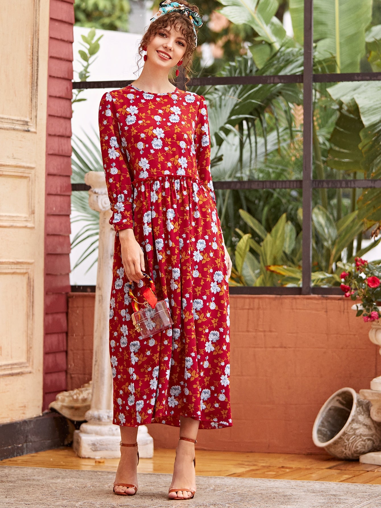 Floral Print Frill Trim Smock Dress