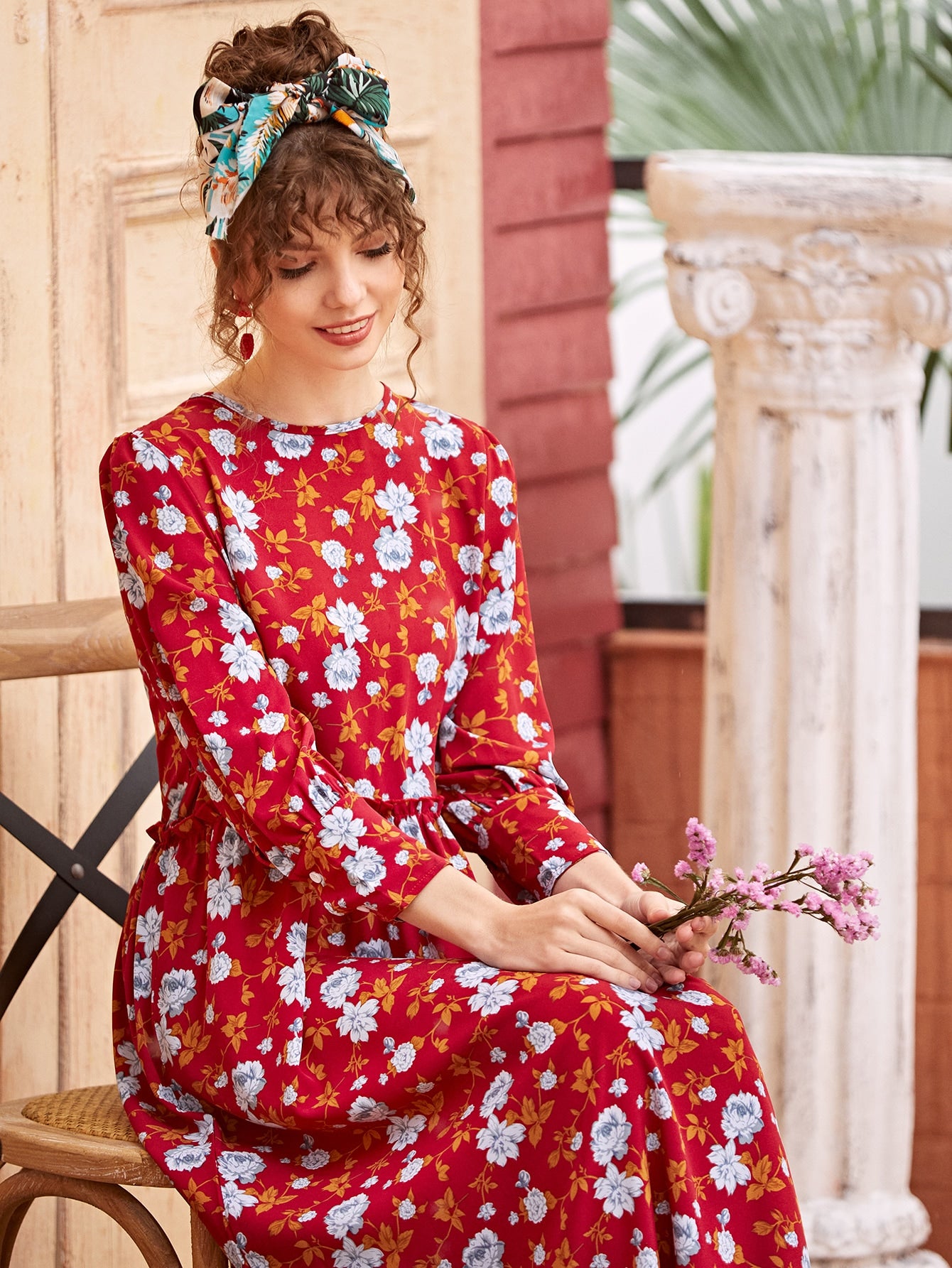Floral Print Frill Trim Smock Dress