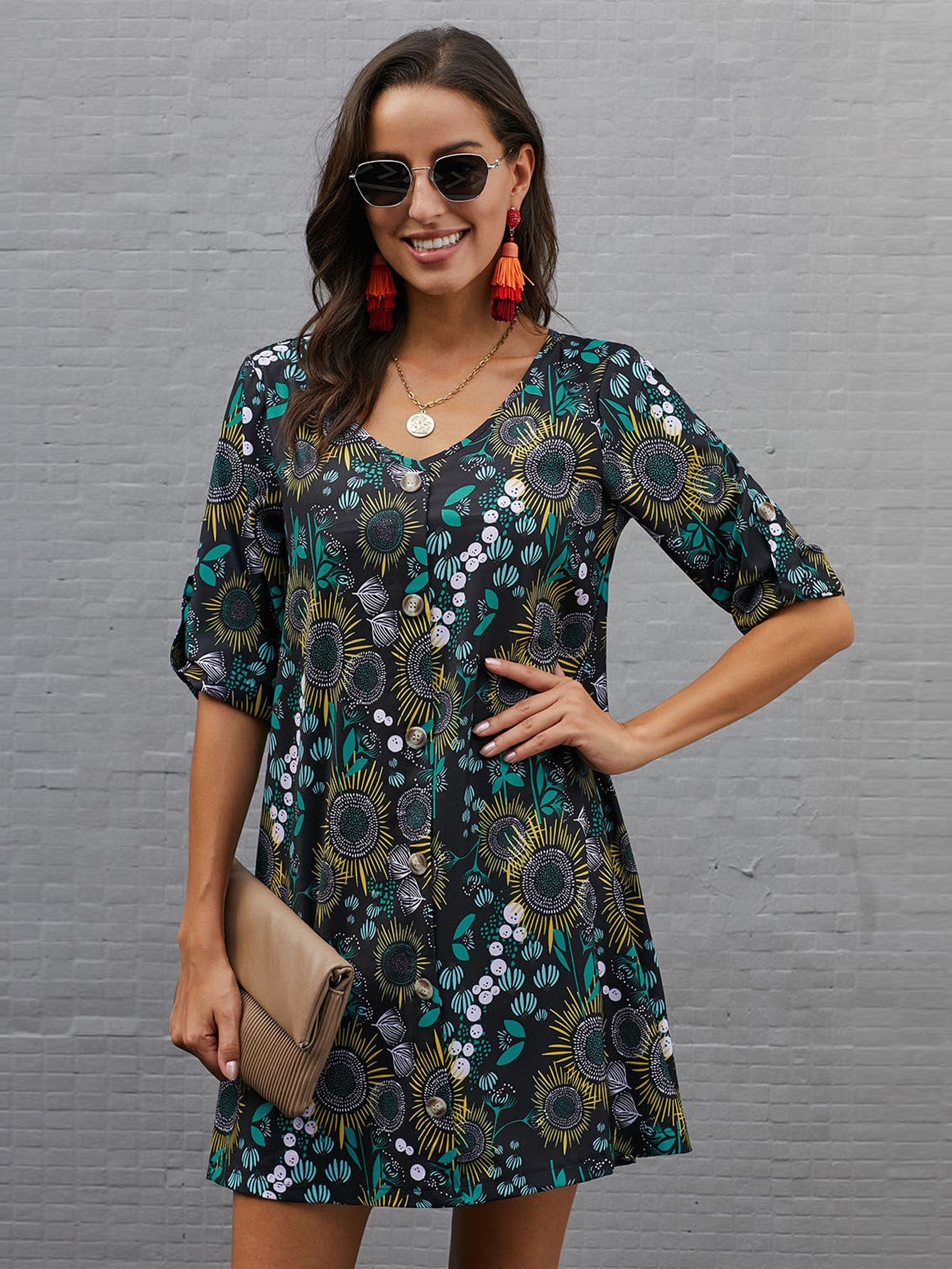 Floral Print Button Through Tunic Dress