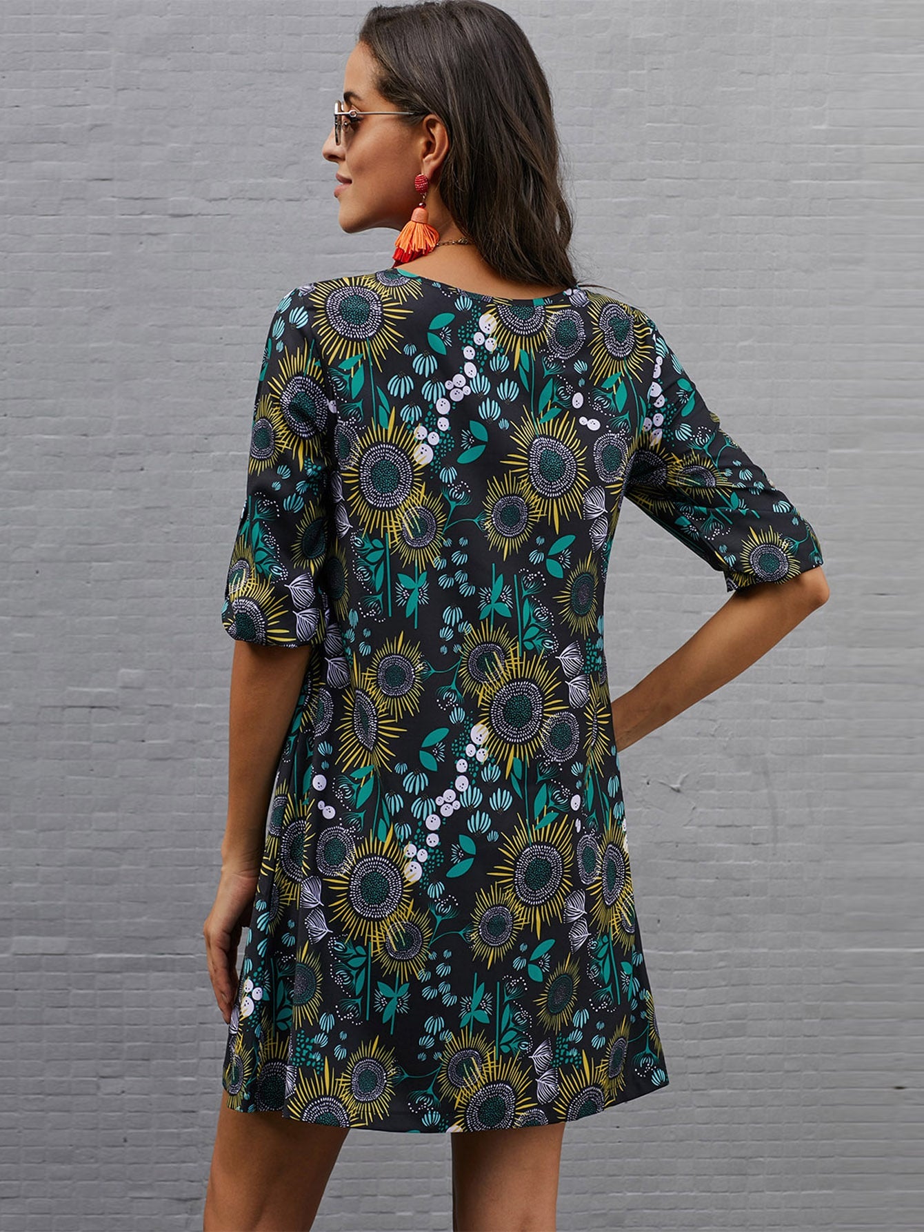 Floral Print Button Through Tunic Dress