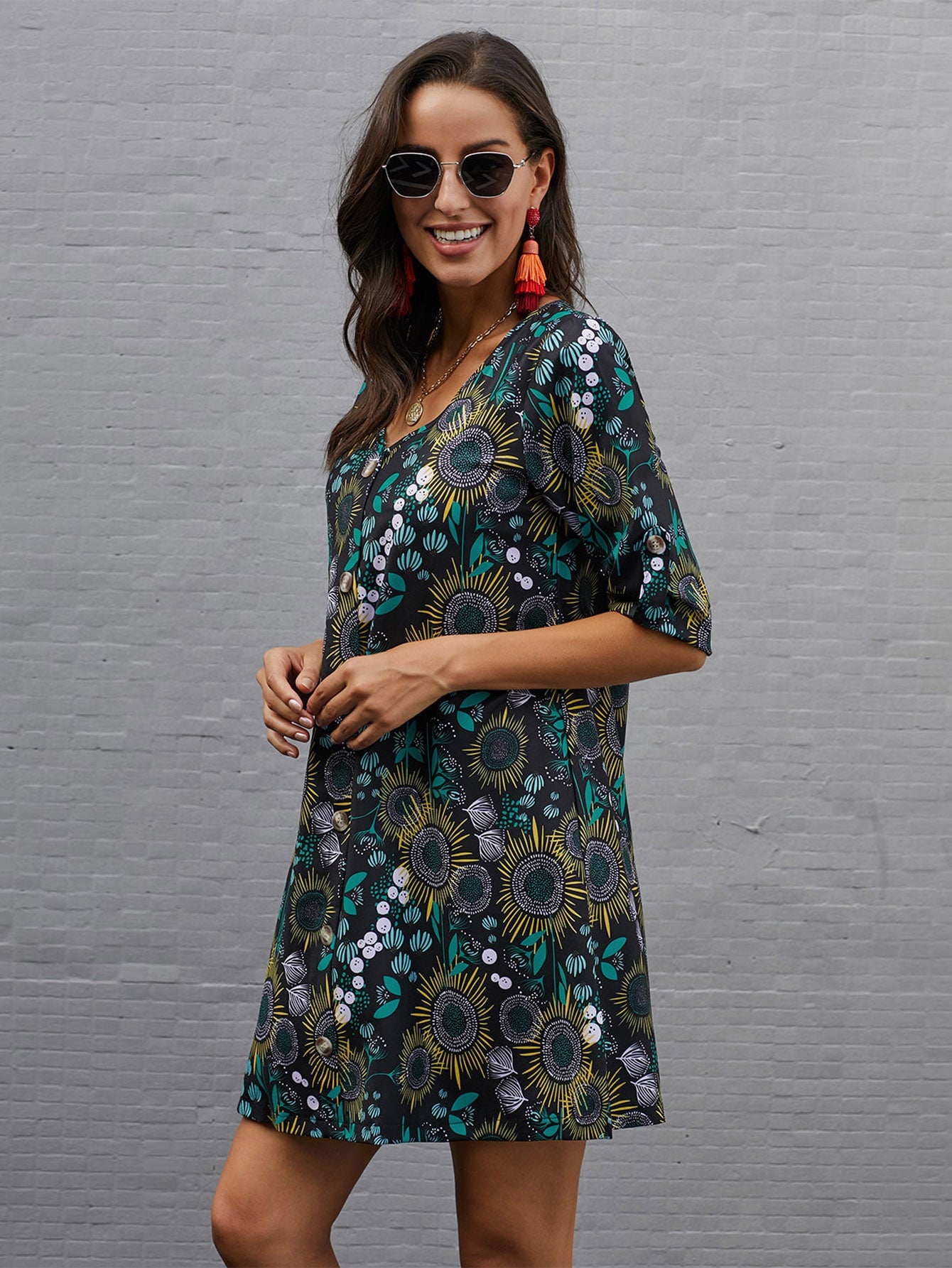 Floral Print Button Through Tunic Dress