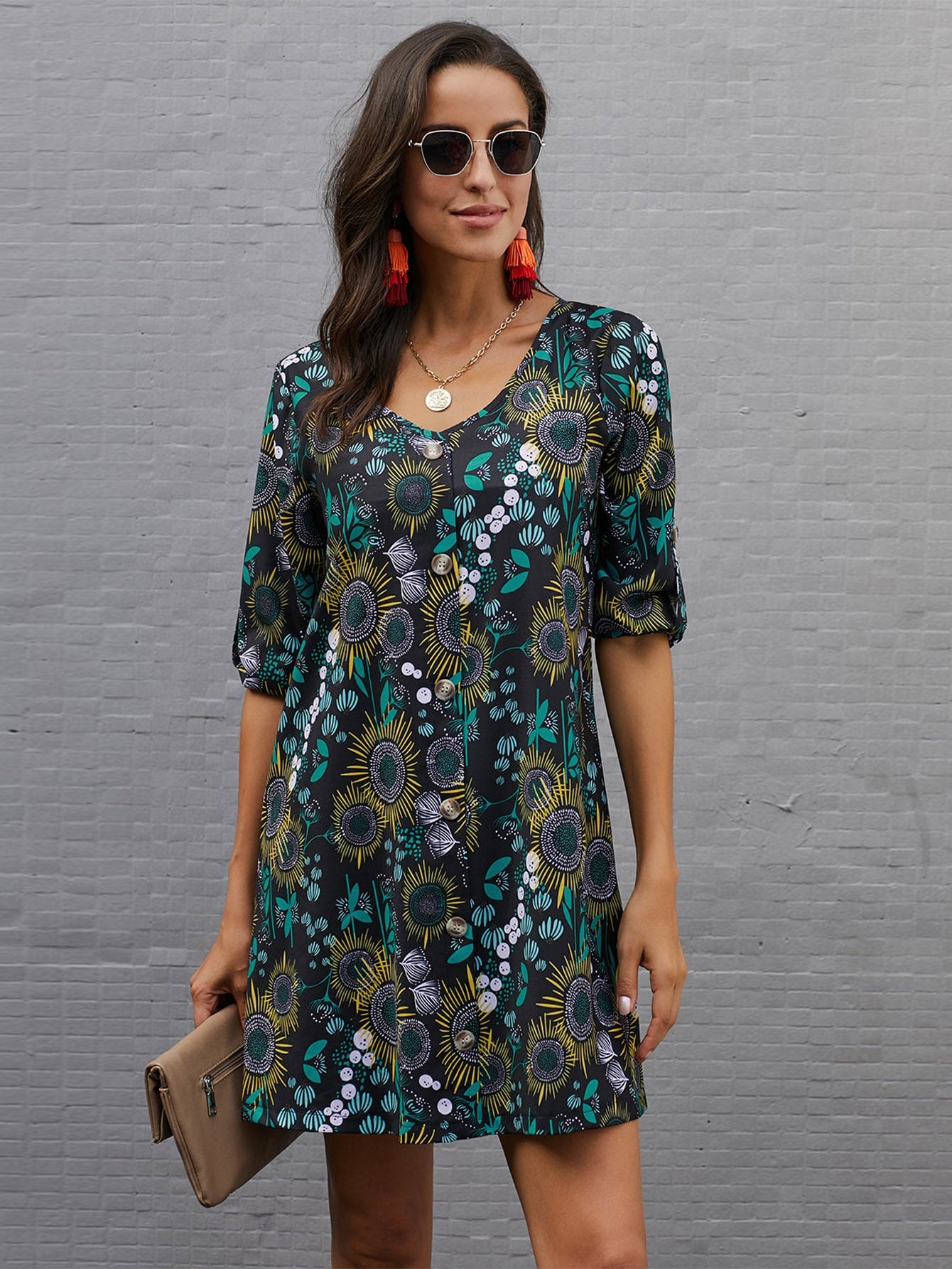 Floral Print Button Through Tunic Dress