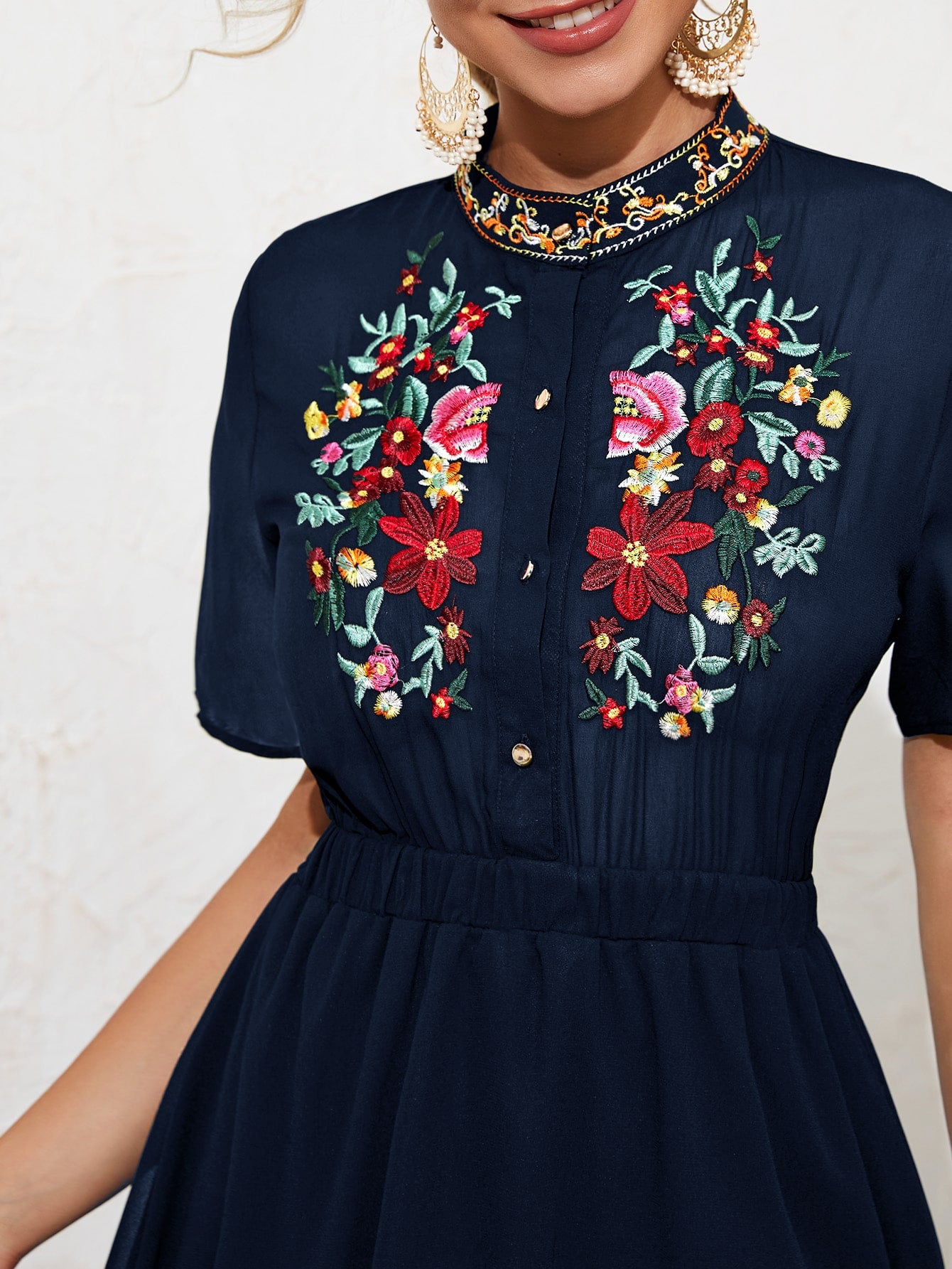 Floral Embroidery Stand Collar A-Line Dress