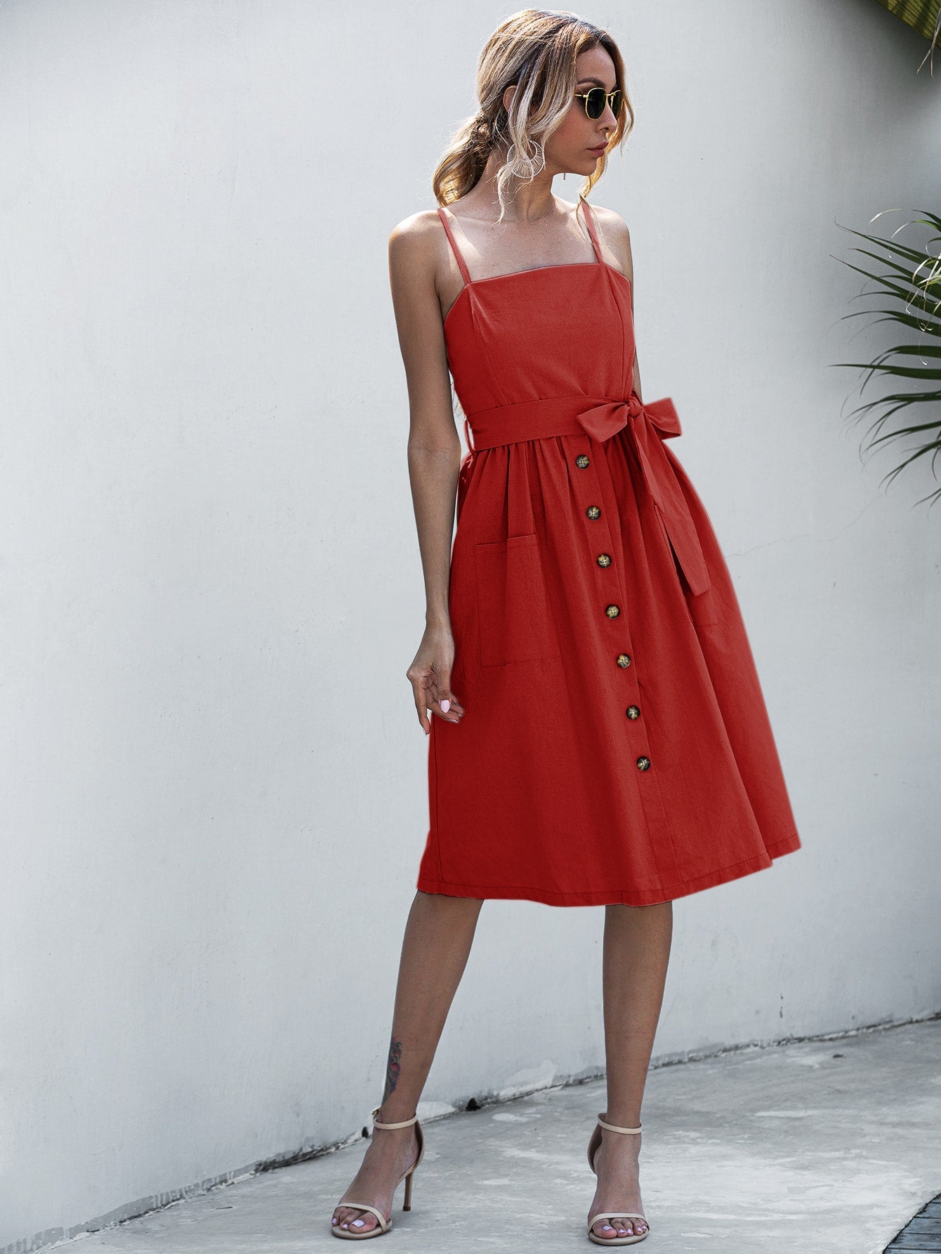 Button Front Belted Cami Dress