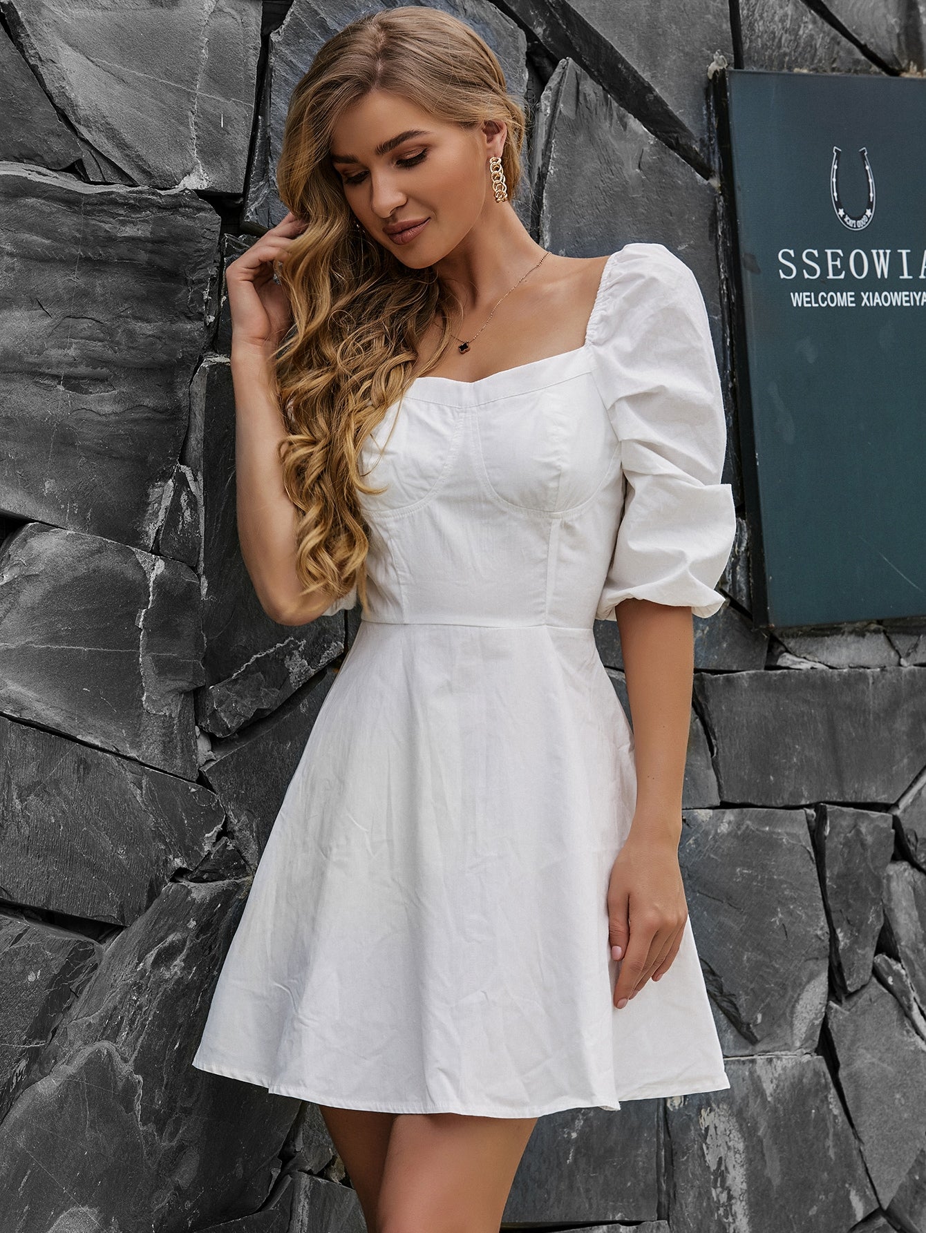 Gathered Sleeve Bustier A-line Dress
