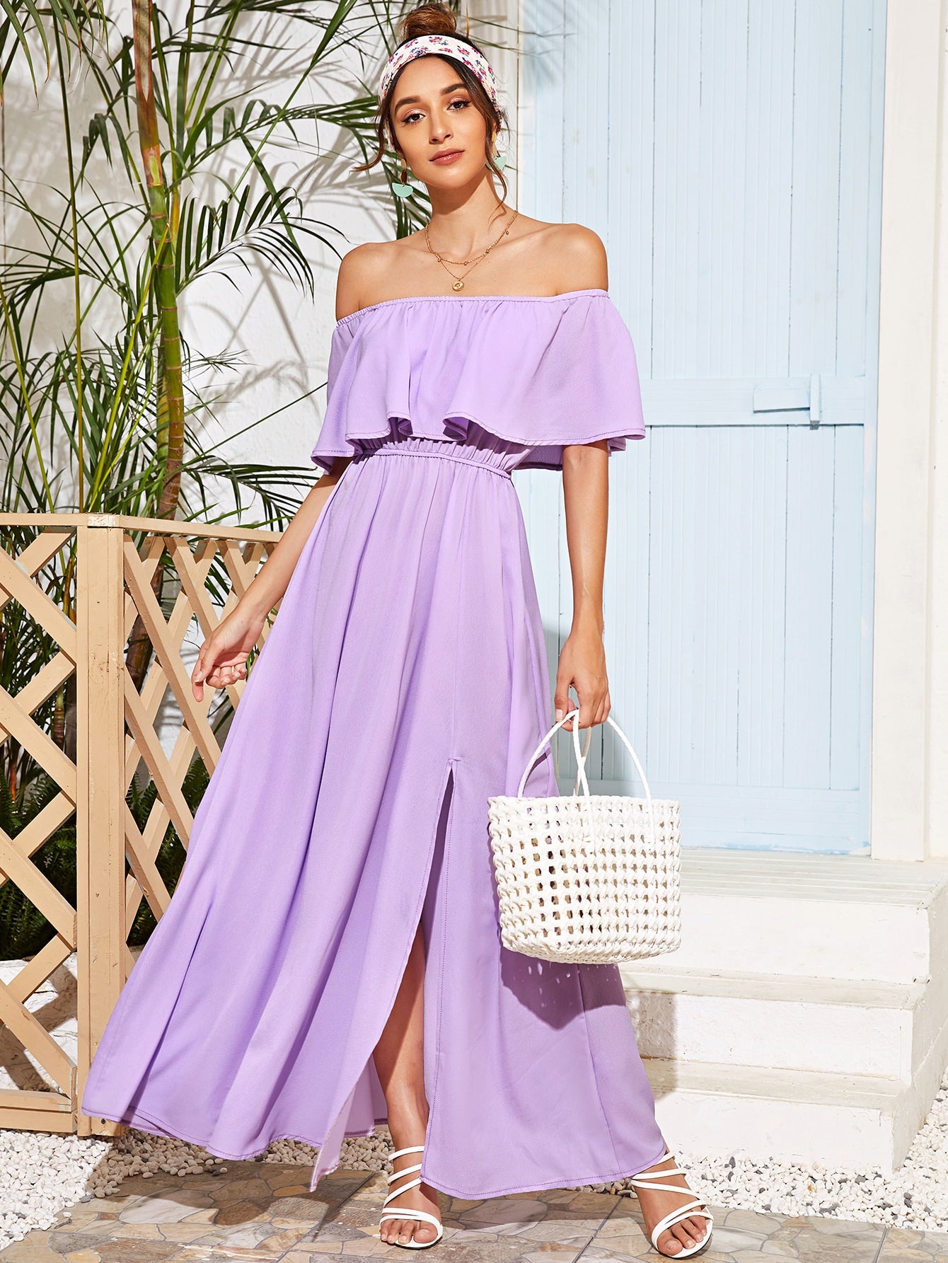 Off Shoulder Ruffle Trim Split Hem Dress