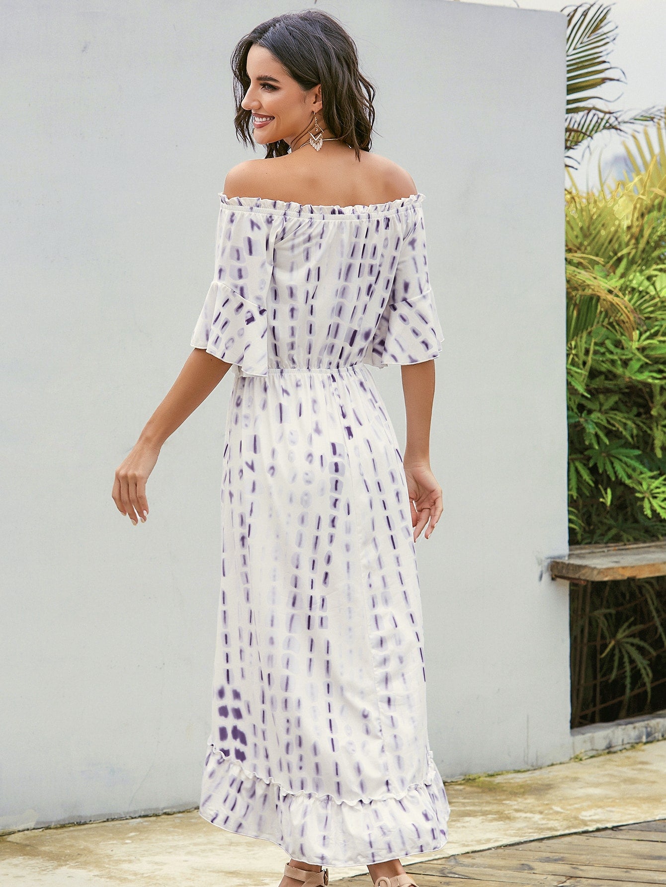 Tie Dye Drawstring Waist Asymmetric Bardot Dress