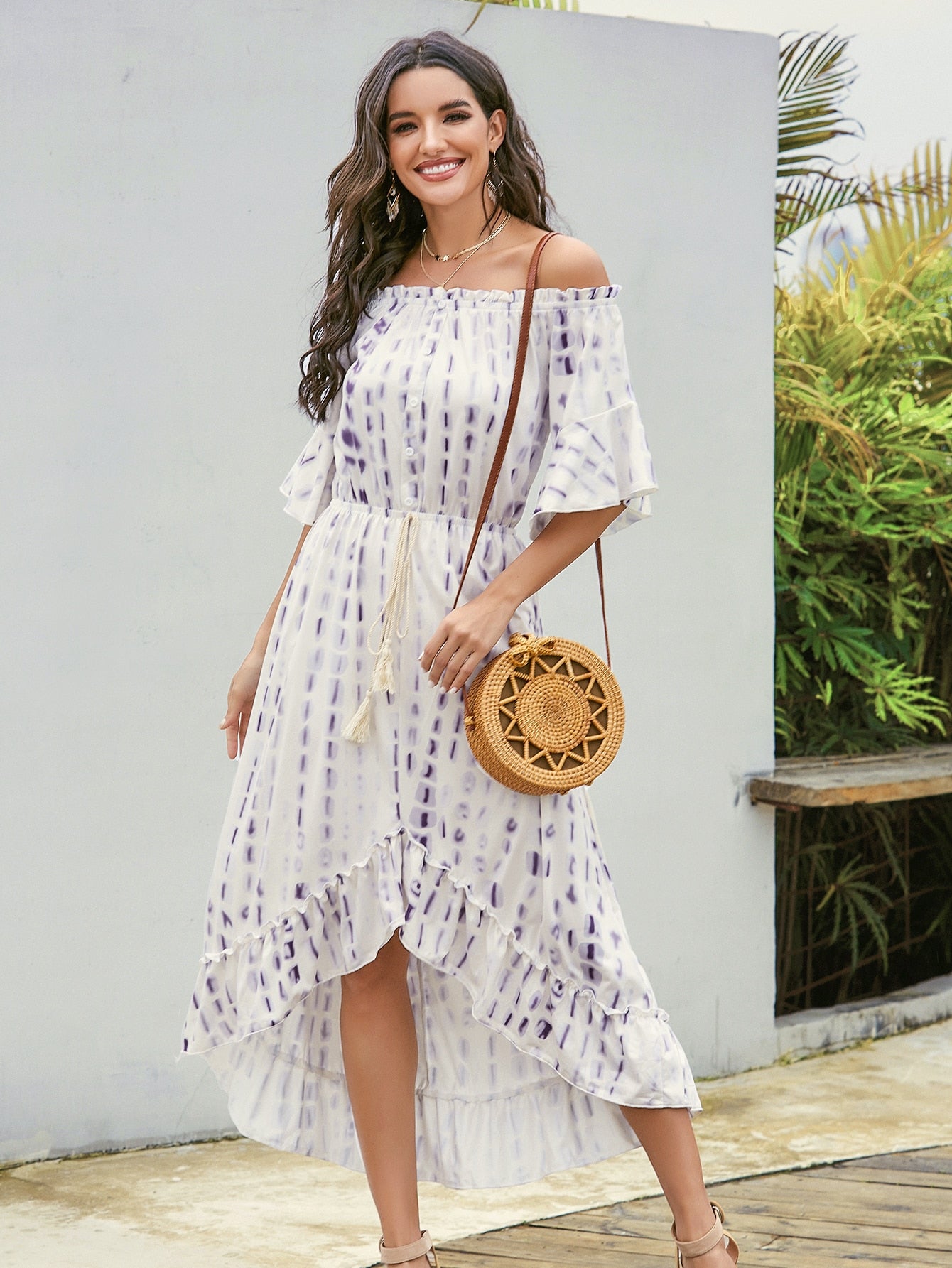 Tie Dye Drawstring Waist Asymmetric Bardot Dress