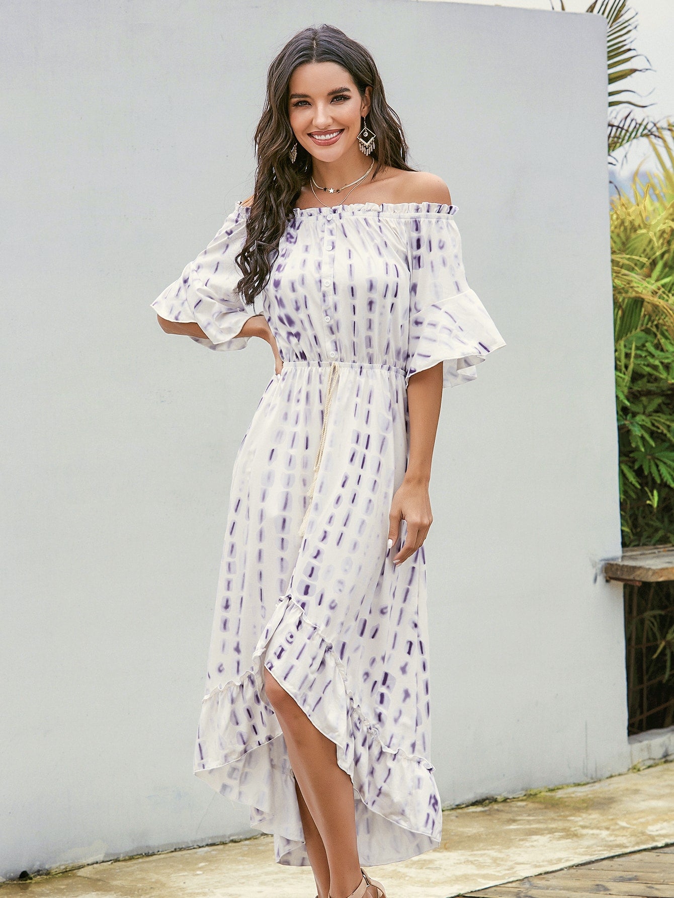 Tie Dye Drawstring Waist Asymmetric Bardot Dress