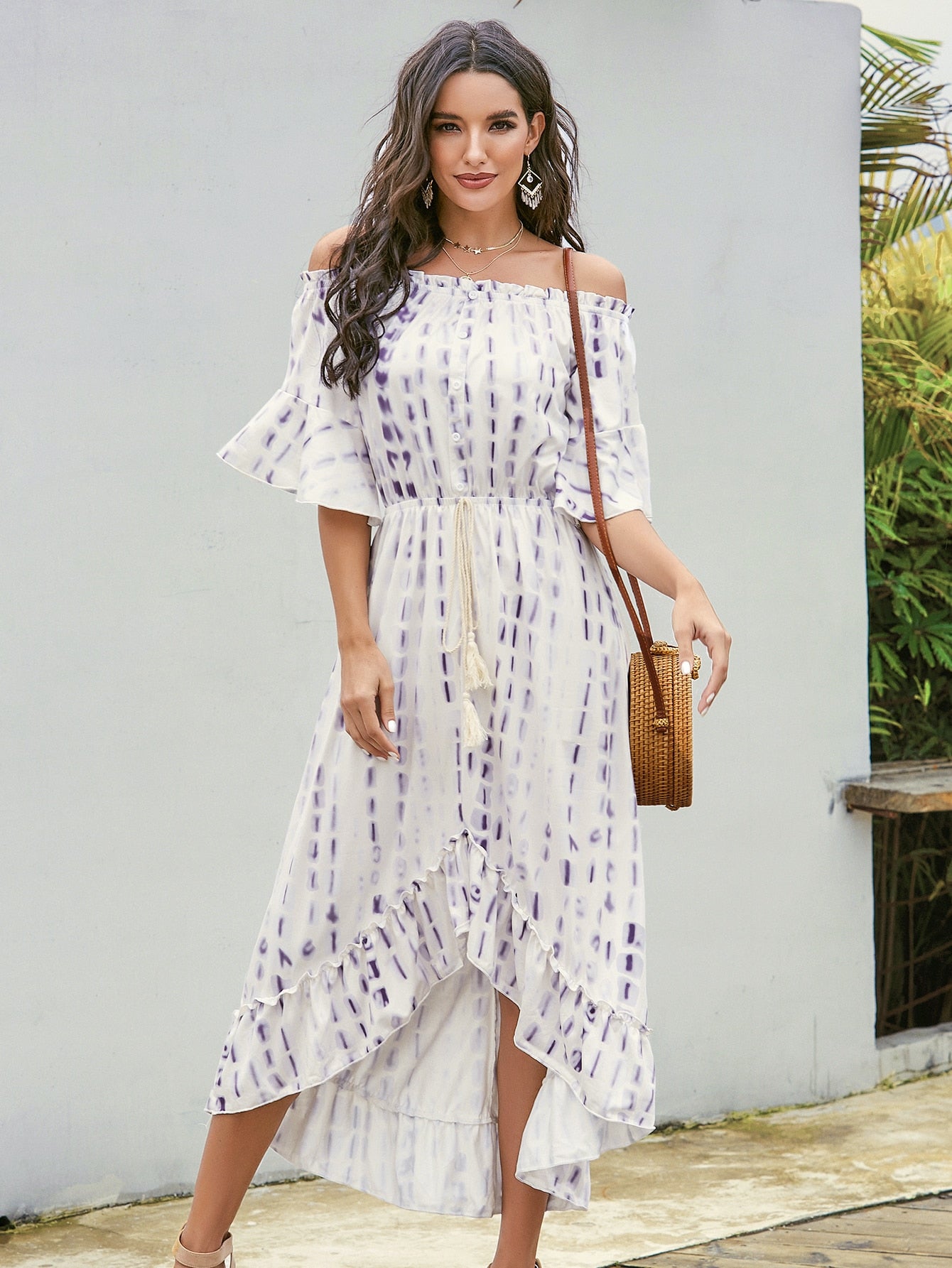 Tie Dye Drawstring Waist Asymmetric Bardot Dress
