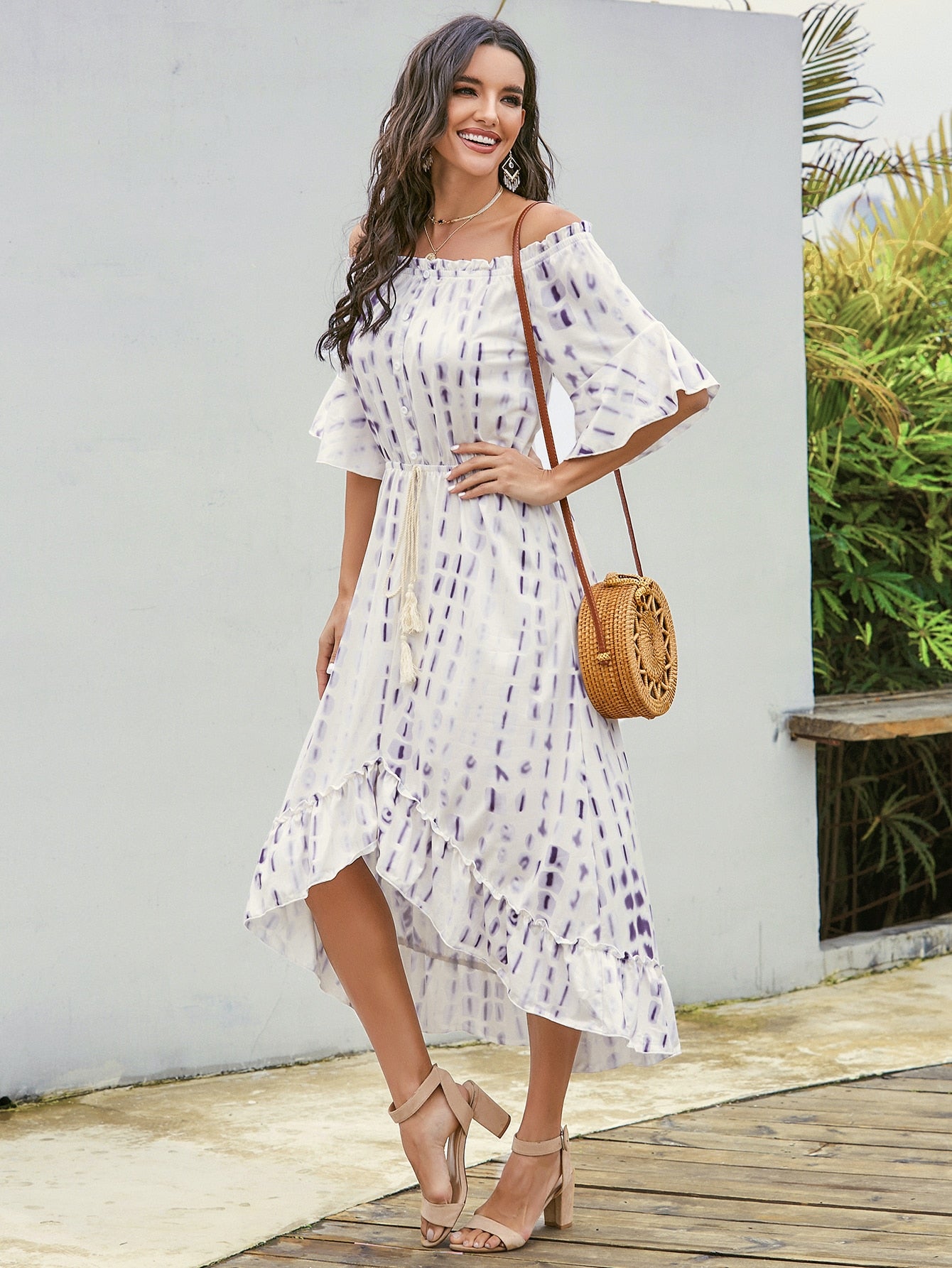 Tie Dye Drawstring Waist Asymmetric Bardot Dress