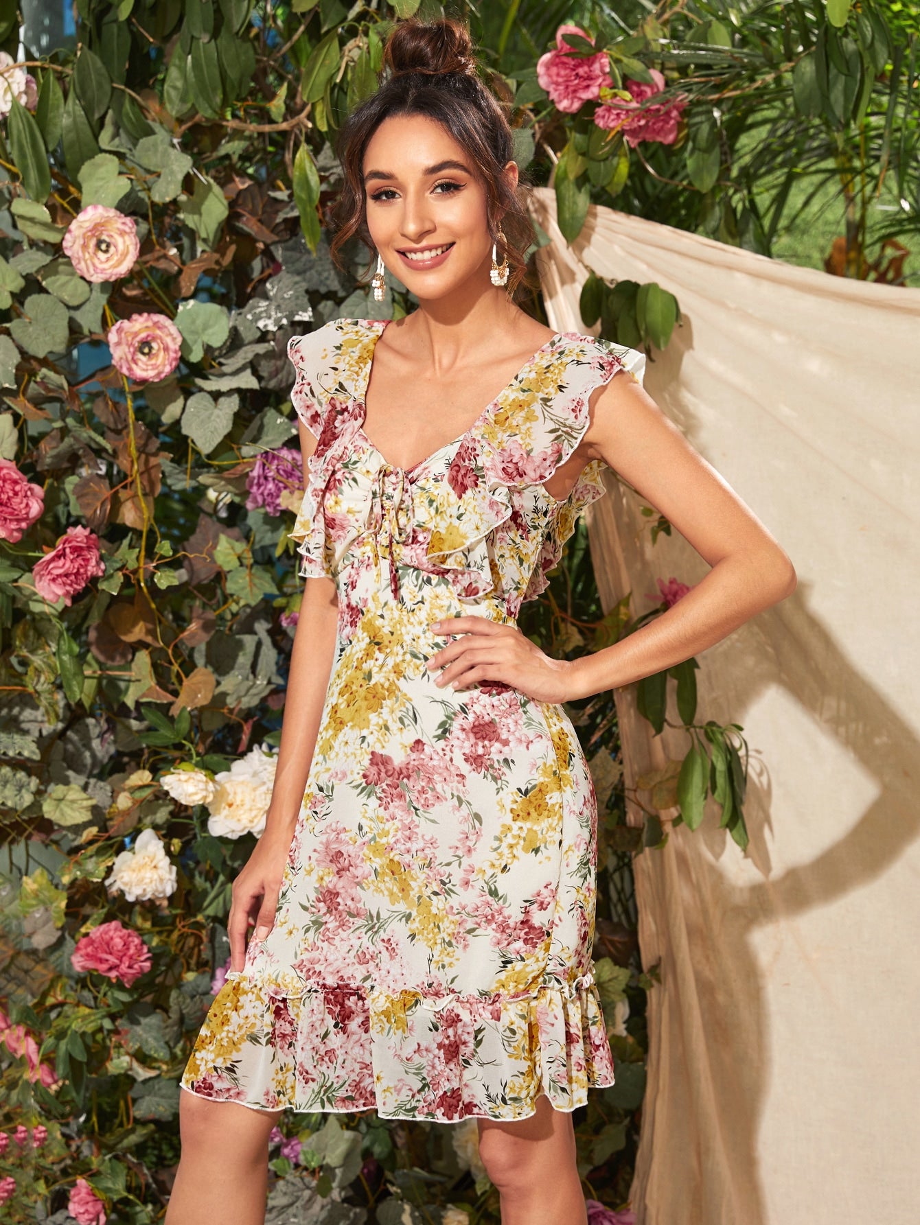 Tie Front Ruched Bust Ruffle Trim Floral Dress