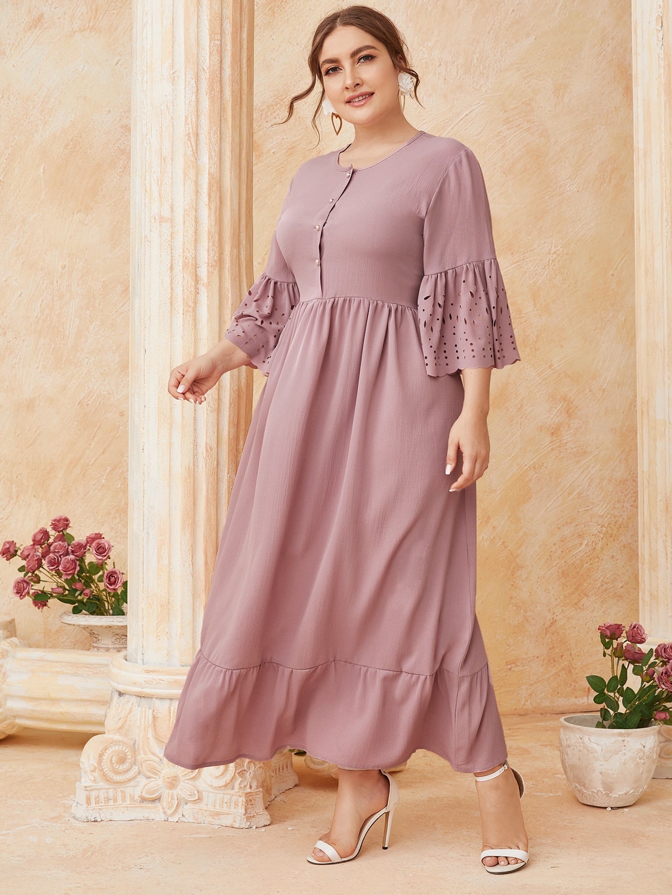 Plus Laser Cut Sleeve Ruffle Hem A-line Dress