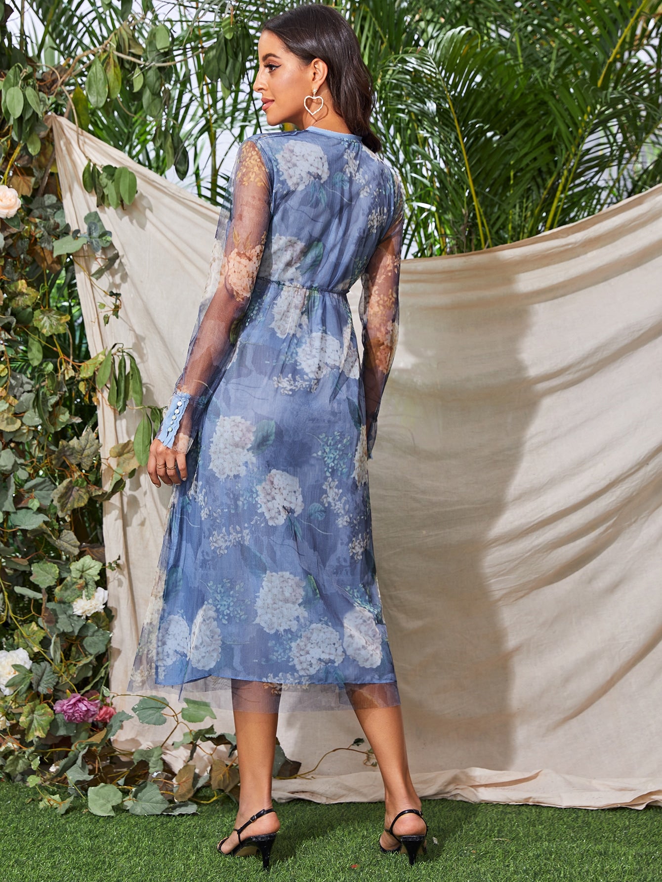 Floral Print Mesh Overlay Knot Front Dress
