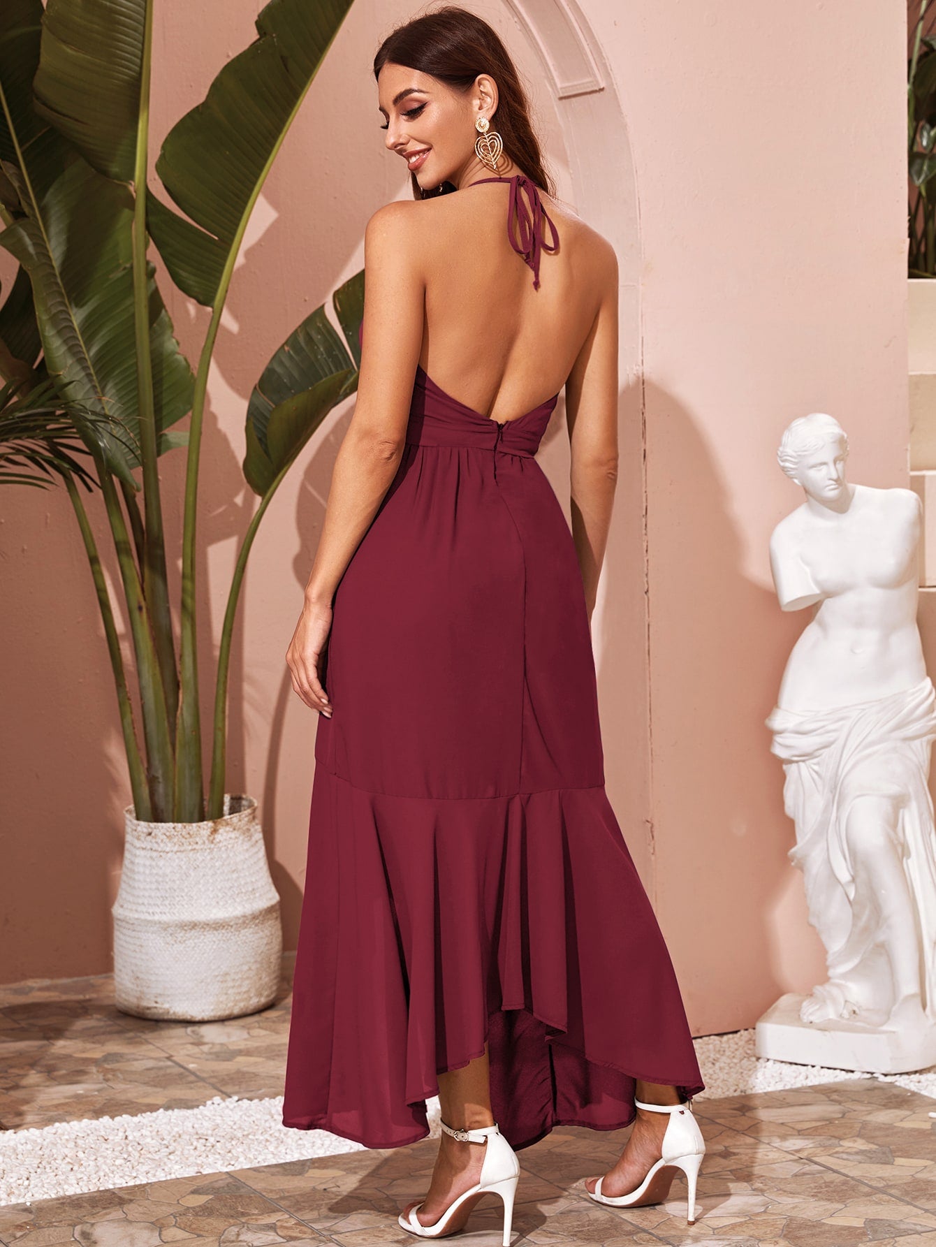 Solid Tie Front Backless Asymmetrical Halter Dress