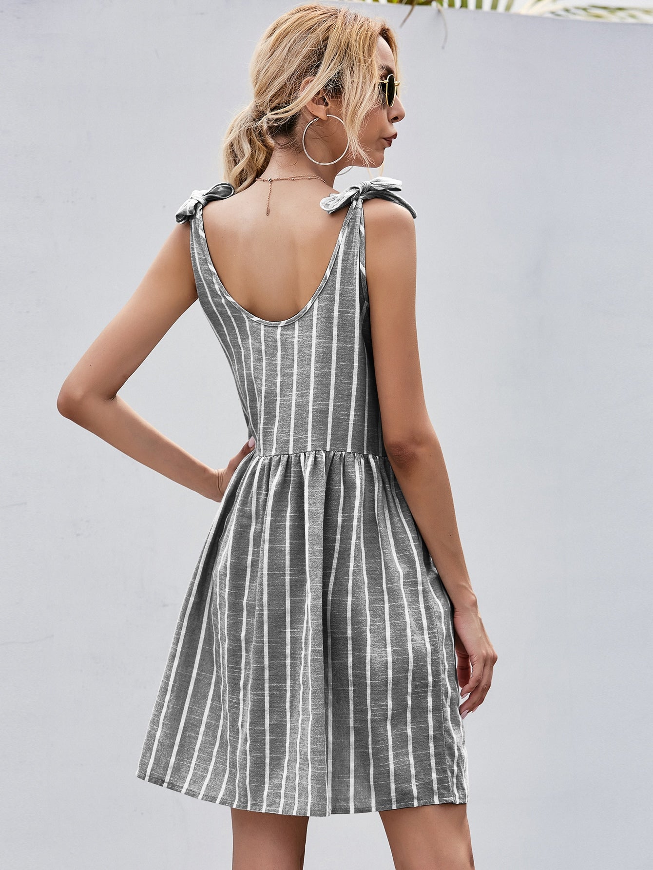 Knot Shoulder Stripe Smock Dress
