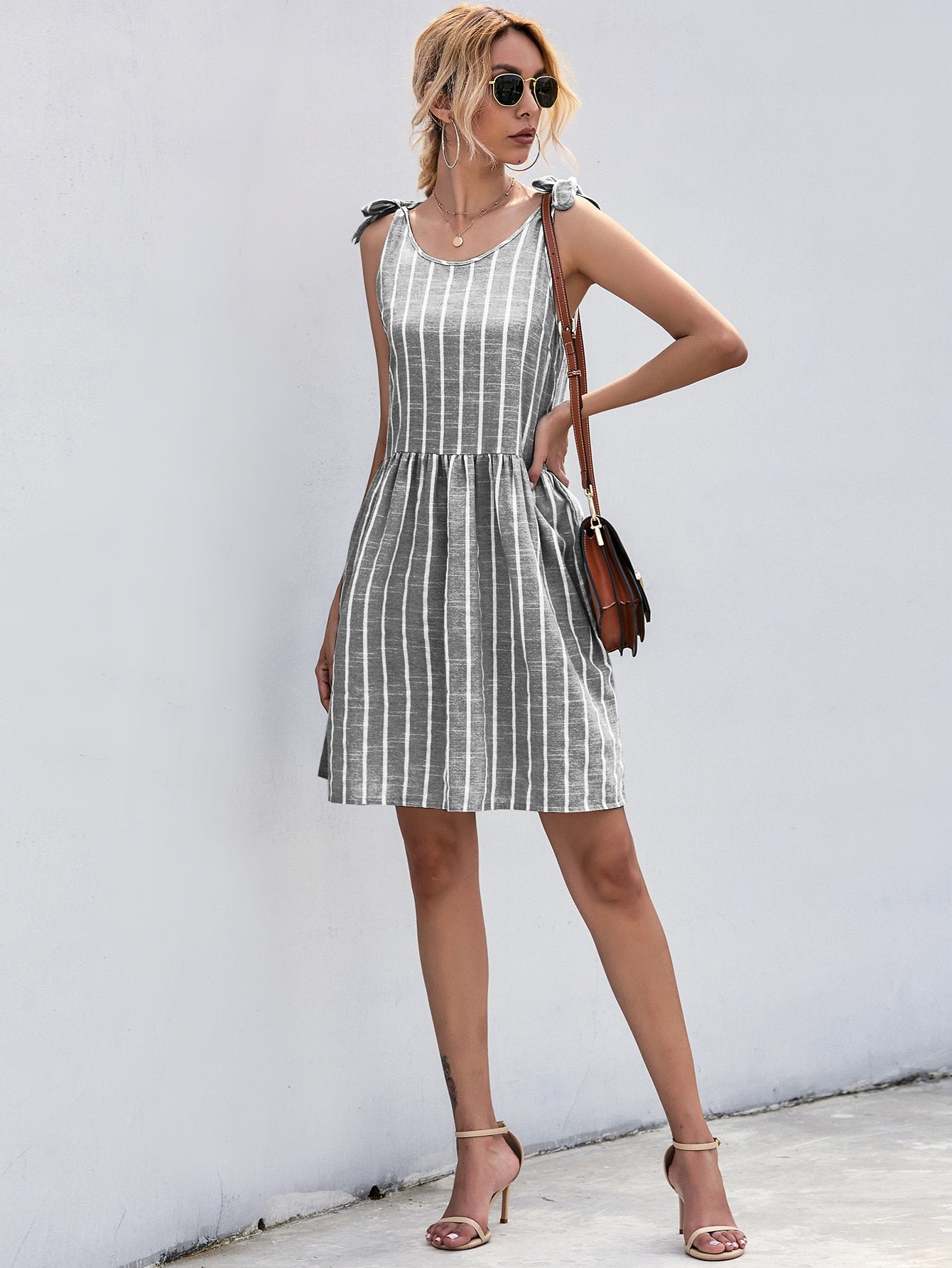 Knot Shoulder Stripe Smock Dress