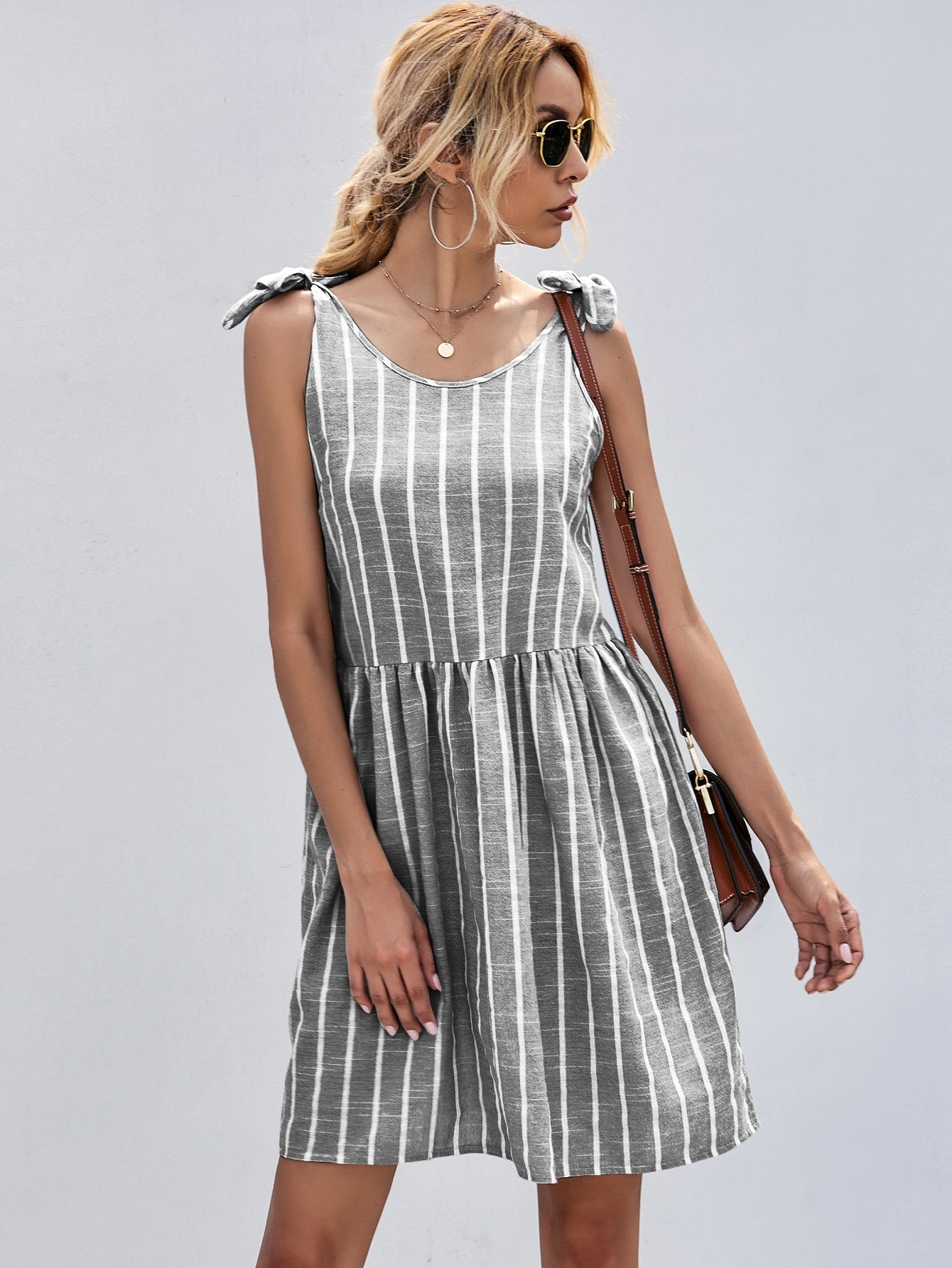 Knot Shoulder Stripe Smock Dress