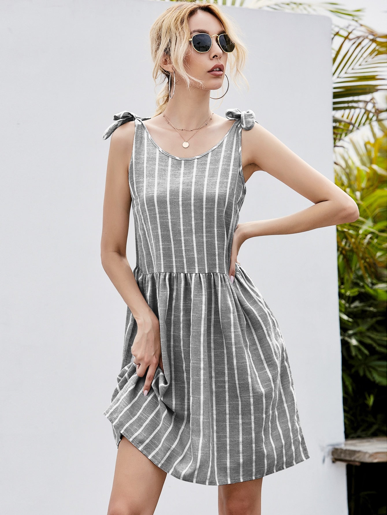 Knot Shoulder Stripe Smock Dress