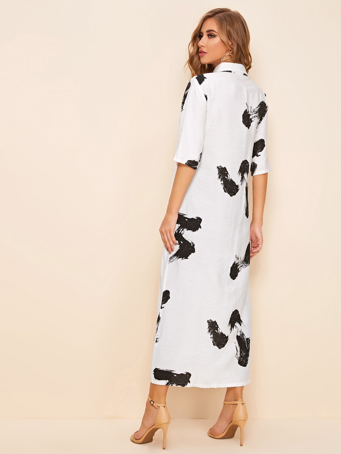 Brush Print Button Up Shirt Dress