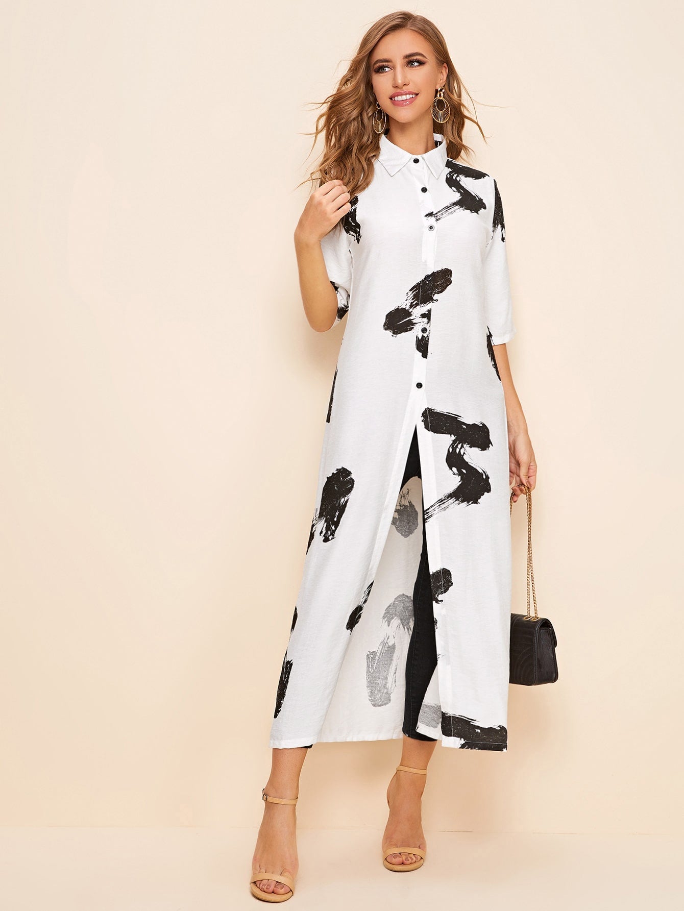 Brush Print Button Up Shirt Dress