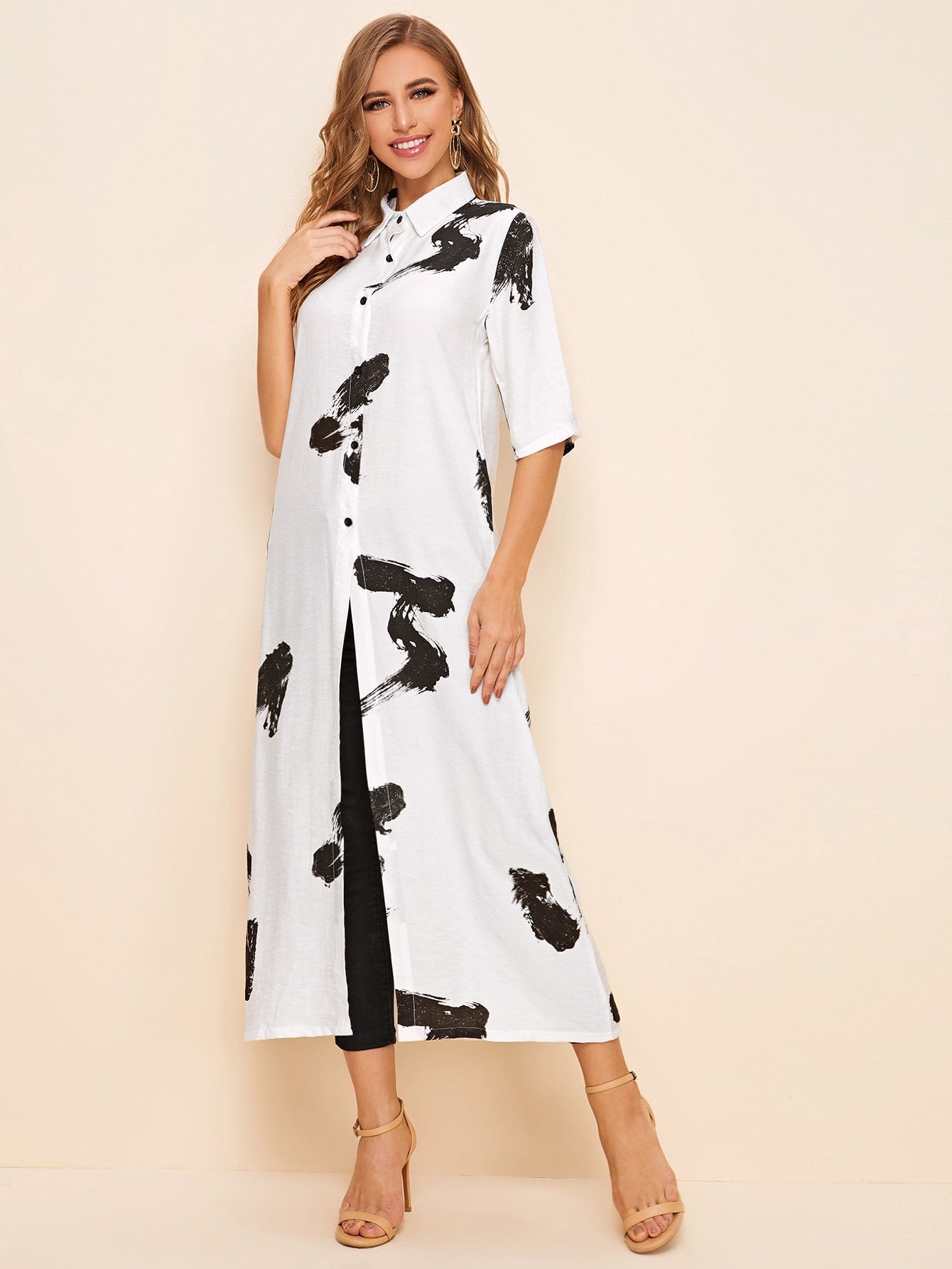 Brush Print Button Up Shirt Dress