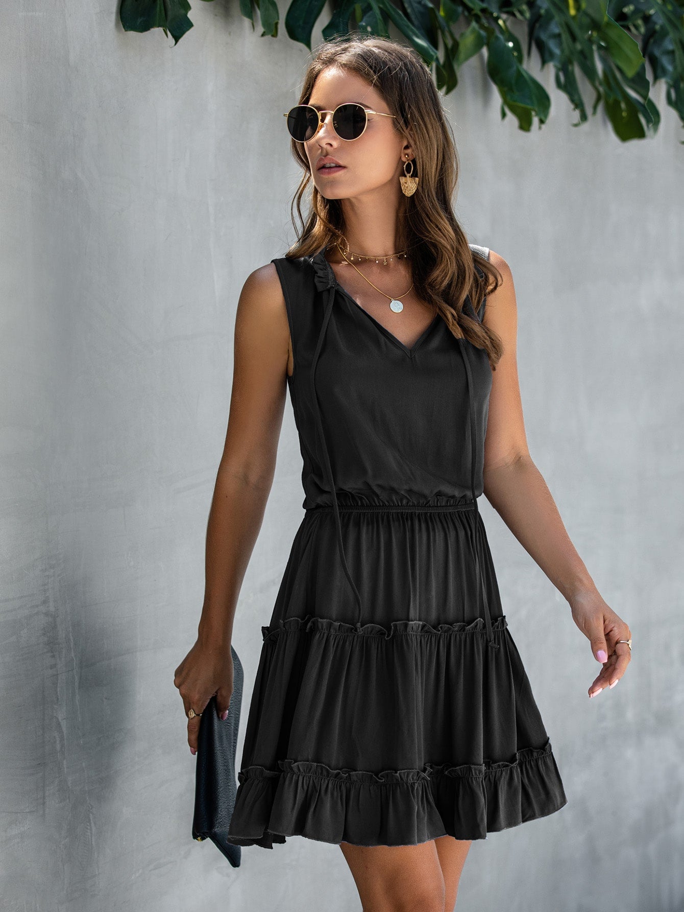 Solid Ruffle Trim Dress