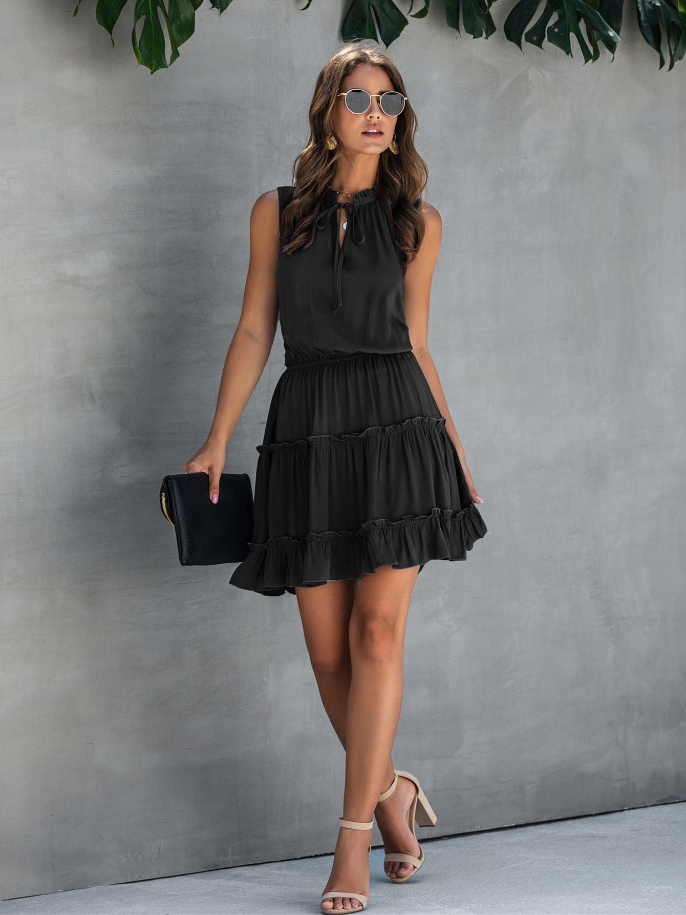 Solid Ruffle Trim Dress