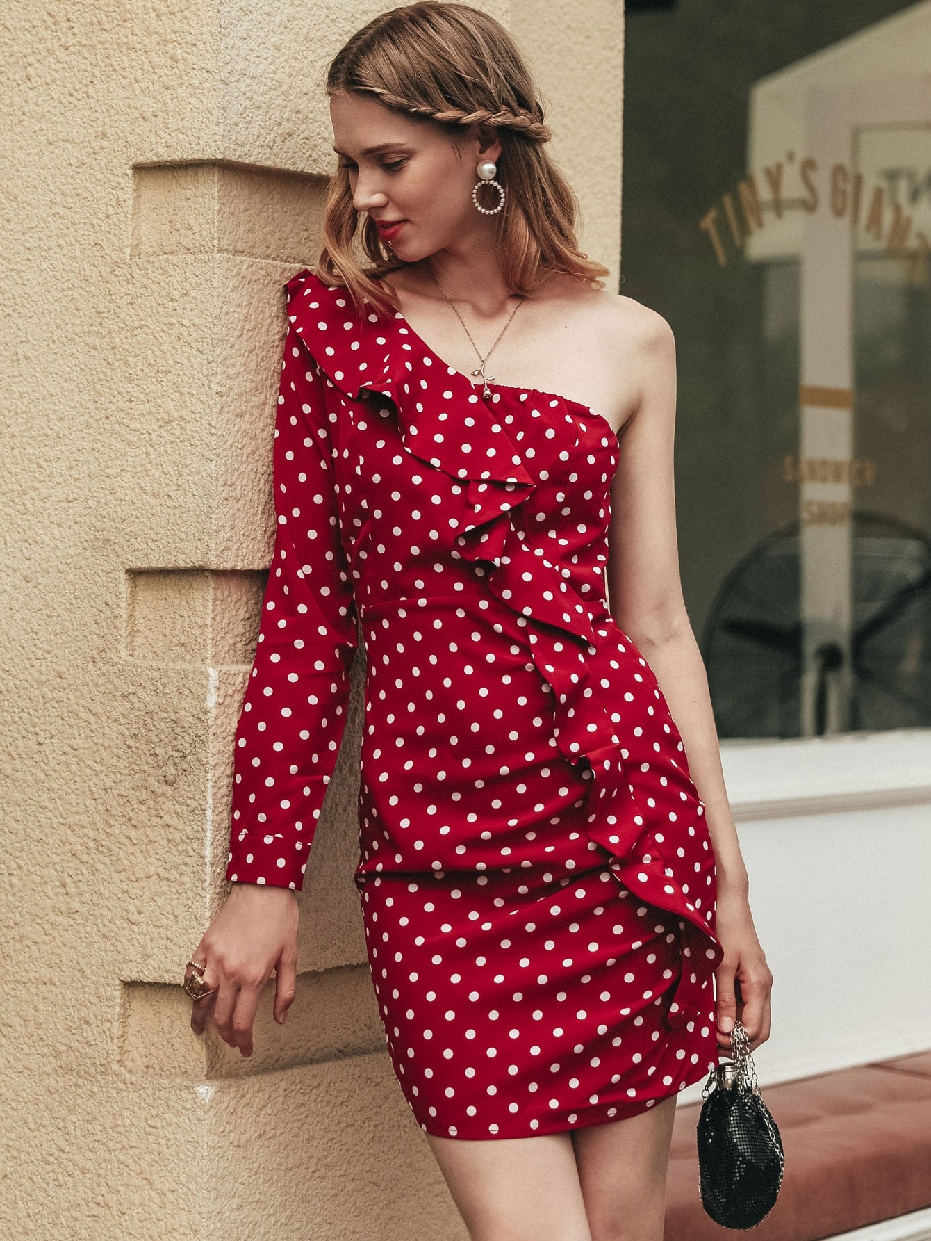 One Shoulder Ruffle Trim Polka Dot Dress