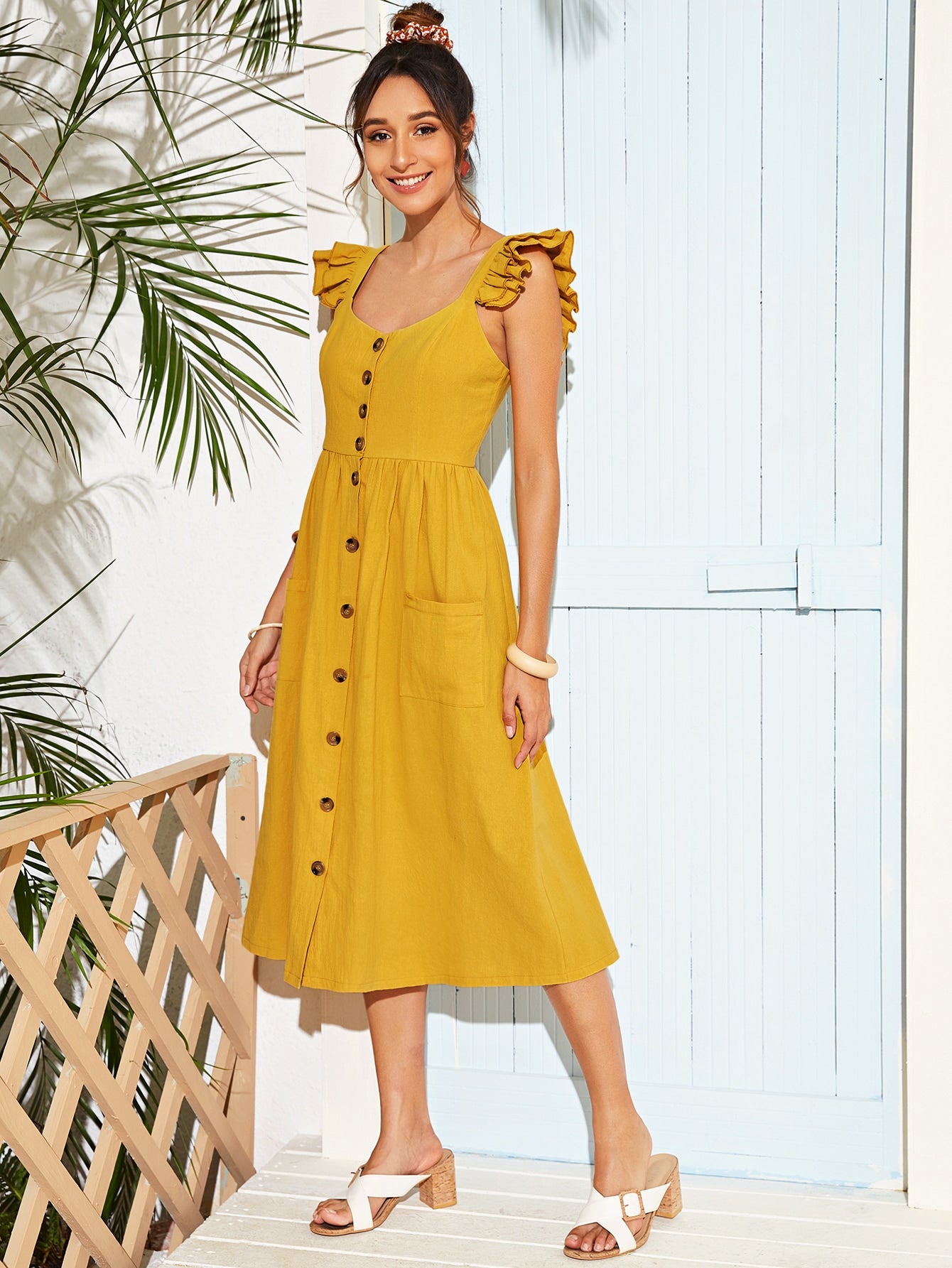 Button Front Ruffle Cuff Shirred Back Dress
